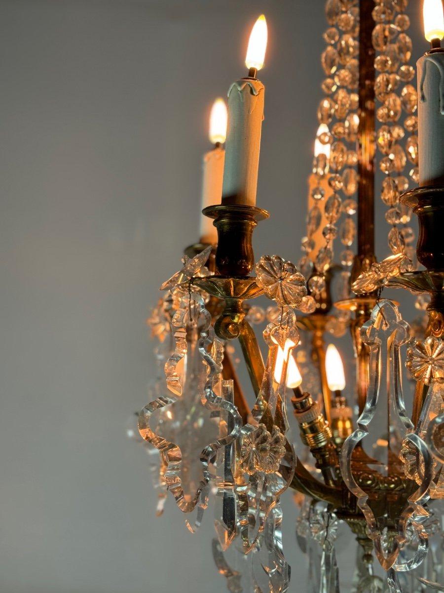 Italian Gilt Bronze Cage Chandelier With Cut Crystal Pendants Circa 1900 For Sale
