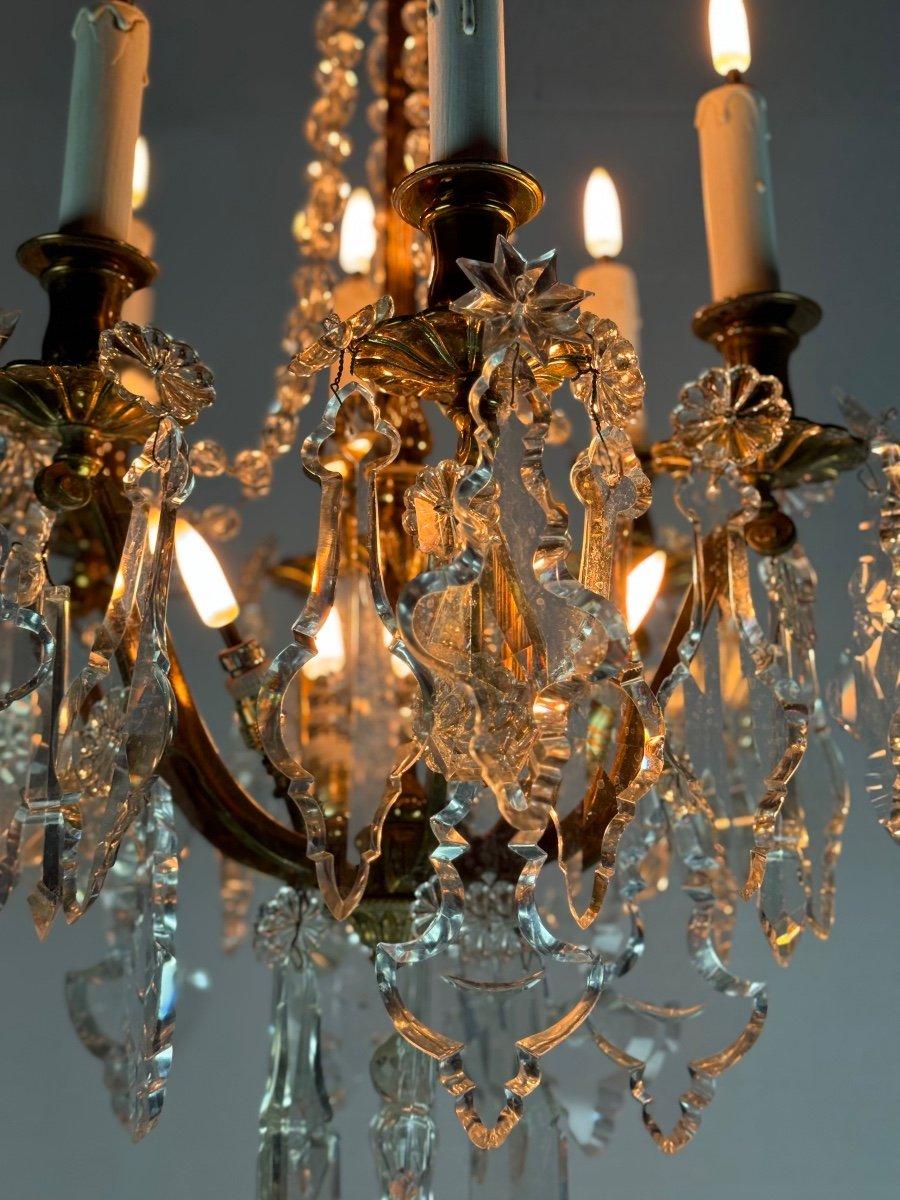 Gilt Bronze Cage Chandelier With Cut Crystal Pendants Circa 1900 In Excellent Condition For Sale In Honnelles, WHT
