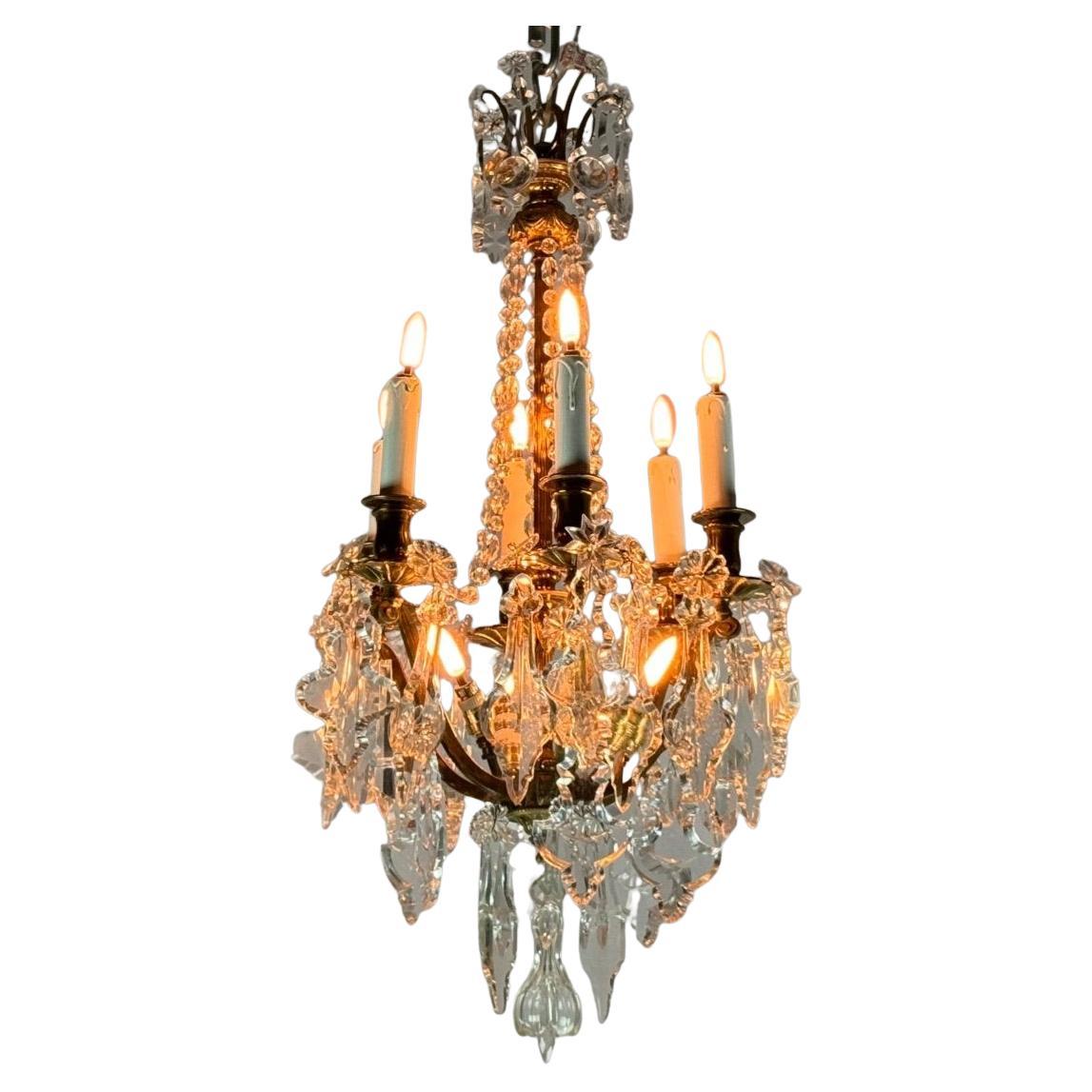 Gilt Bronze Cage Chandelier With Cut Crystal Pendants Circa 1900 For Sale