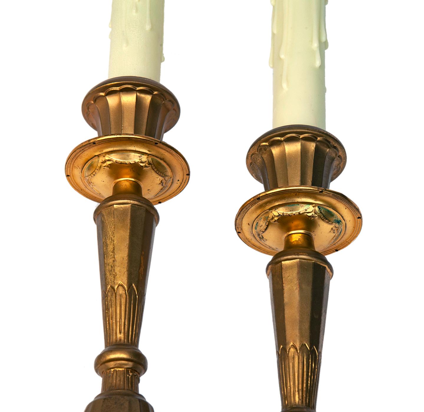 Gilt Bronze Candlestick Lamps, a Pair In Good Condition For Sale In Malibu, CA