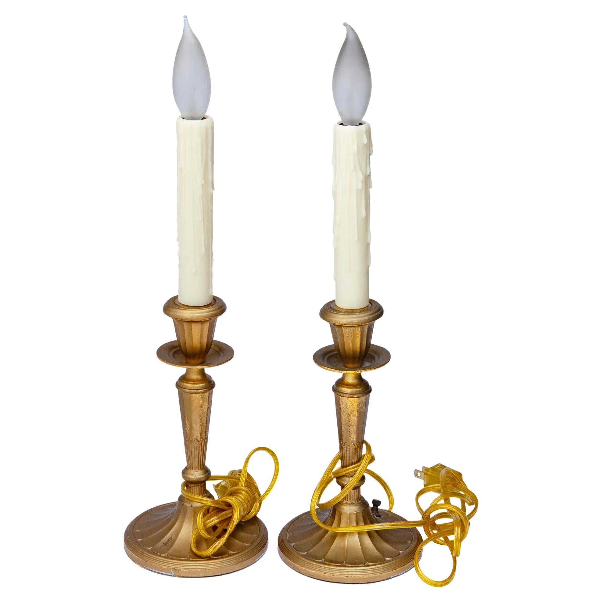 Gilt Bronze Candlestick Lamps, a Pair