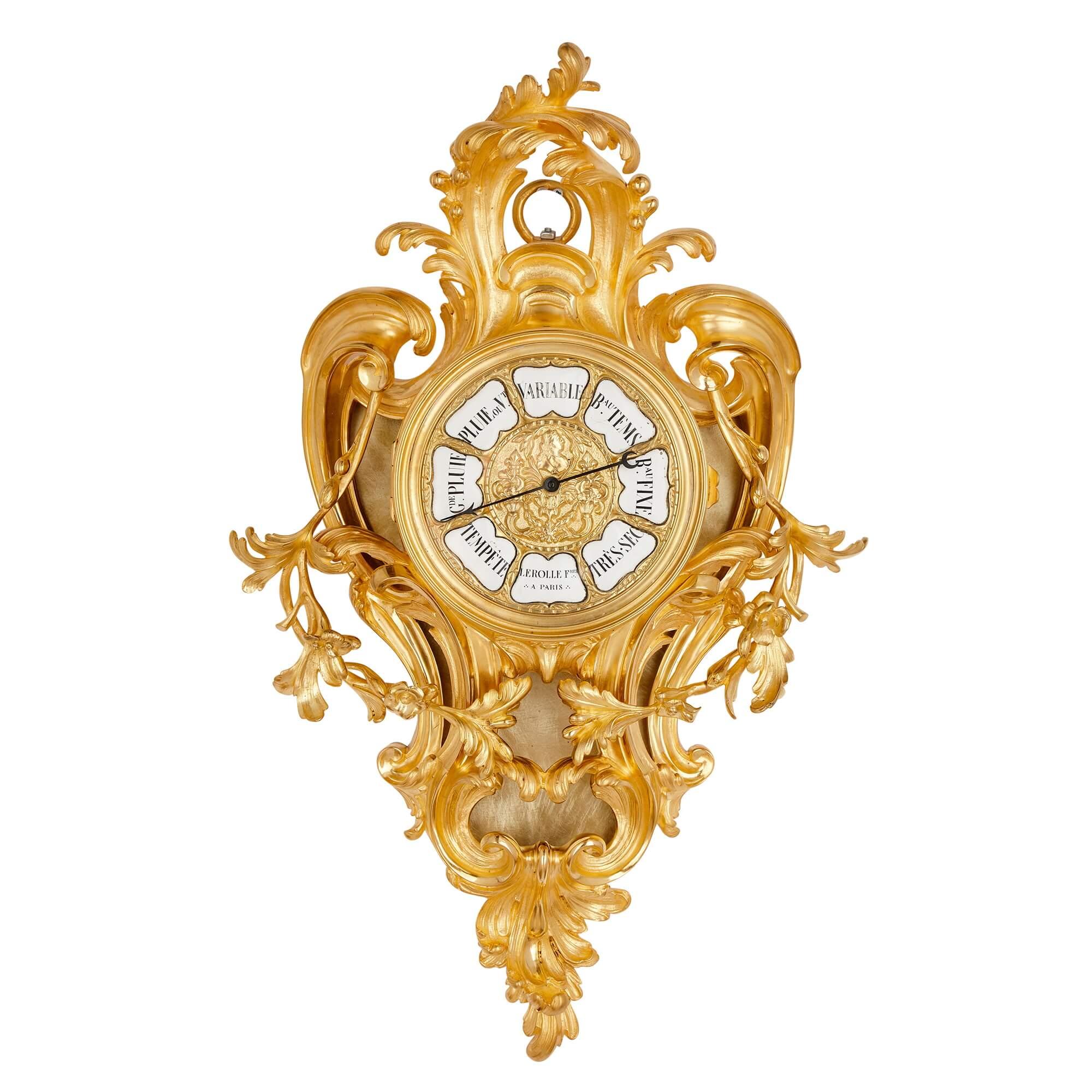 Cartel Uhr und Barometer aus vergoldeter Bronze von Lerolle Frères (Louis XV.) im Angebot
