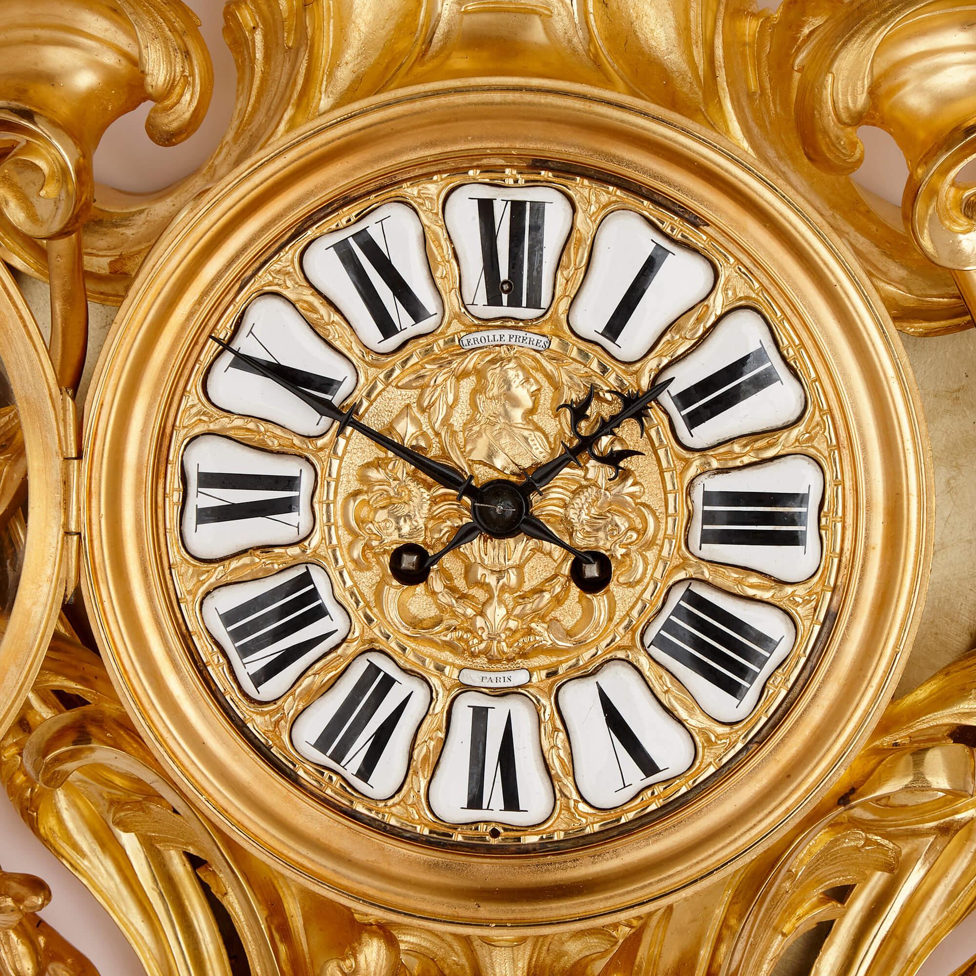 Cartel Uhr und Barometer aus vergoldeter Bronze von Lerolle Frères (Französisch) im Angebot