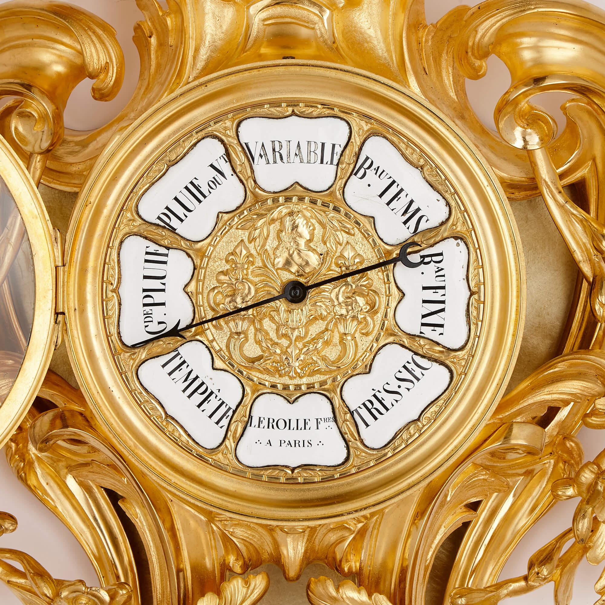 XIXe siècle Horloge et baromètre de Cartel en bronze doré par Lerolle Frères en vente