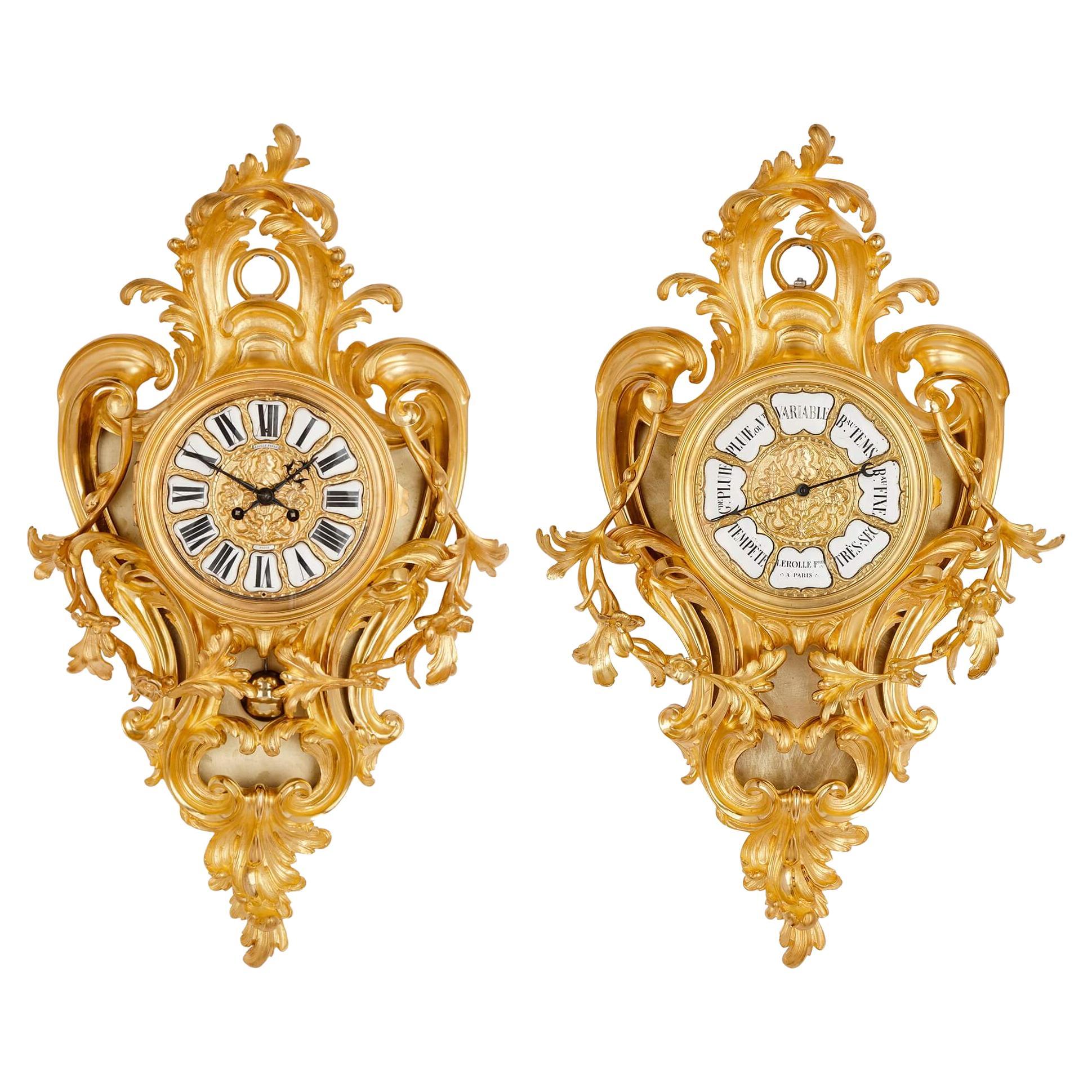 Gilt-Bronze Cartel Clock and Barometer Set by Lerolle Frères