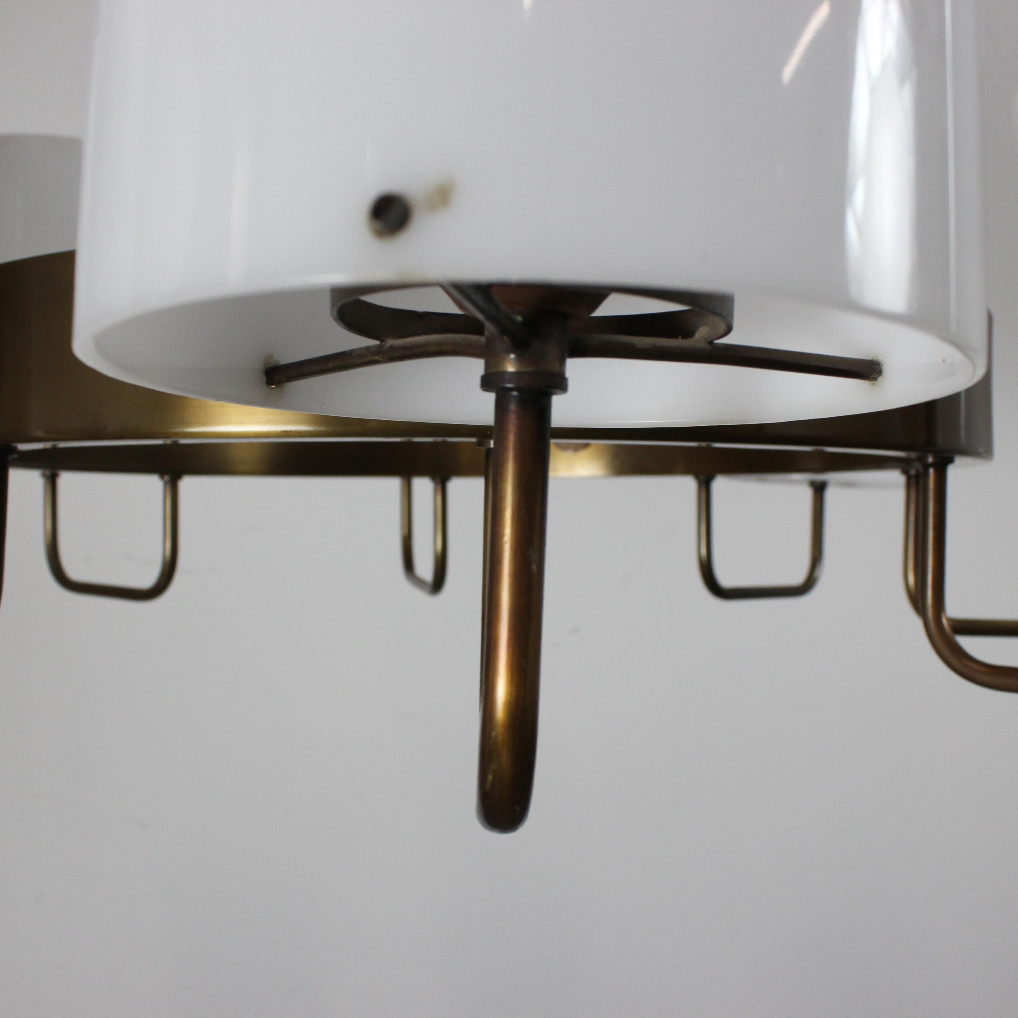 20th Century Gilt bronze ceiling lamp with white methacrylate shades - Spain - c. 1970 For Sale