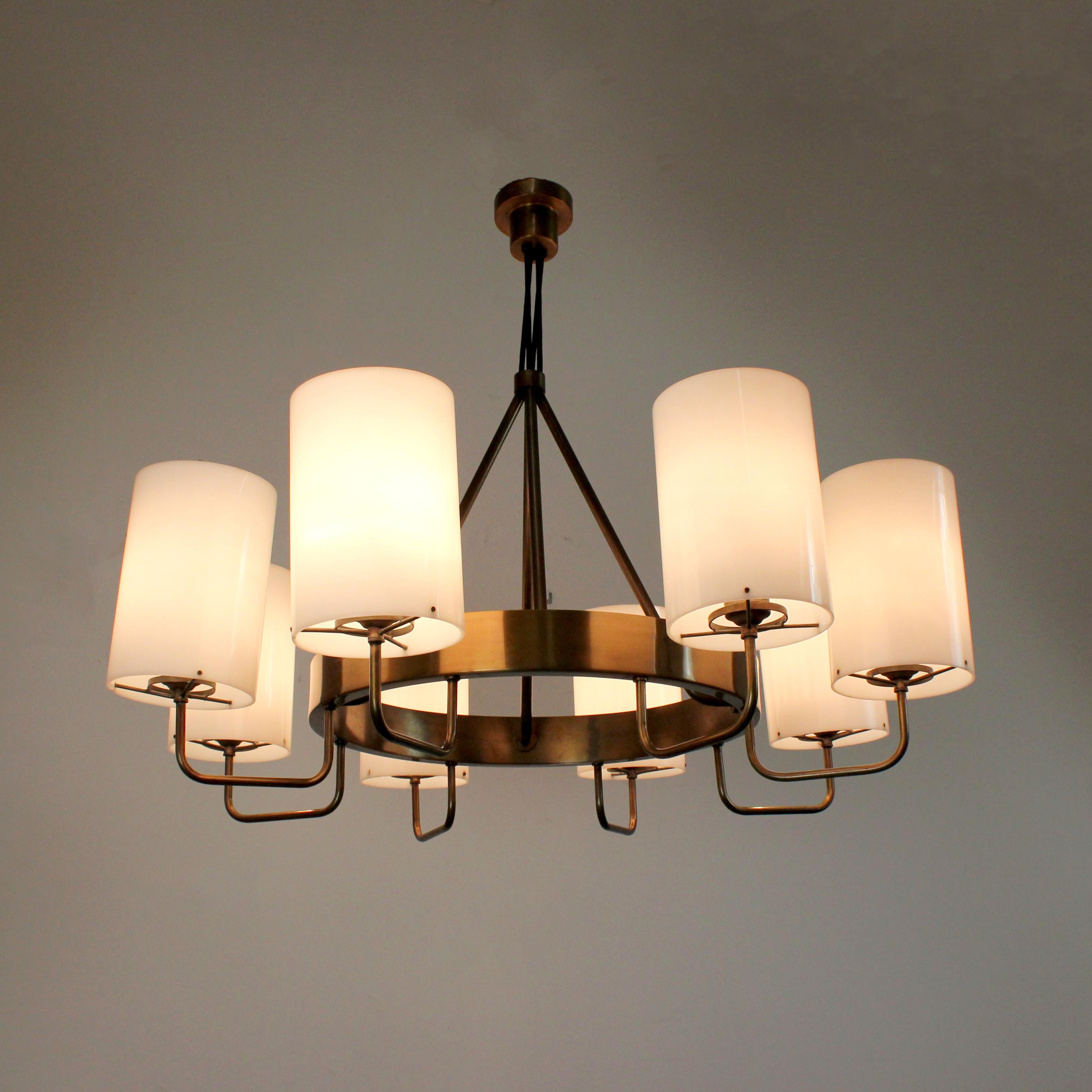 Gilt bronze ceiling lamp with white methacrylate shades - Spain - c. 1970 For Sale 1