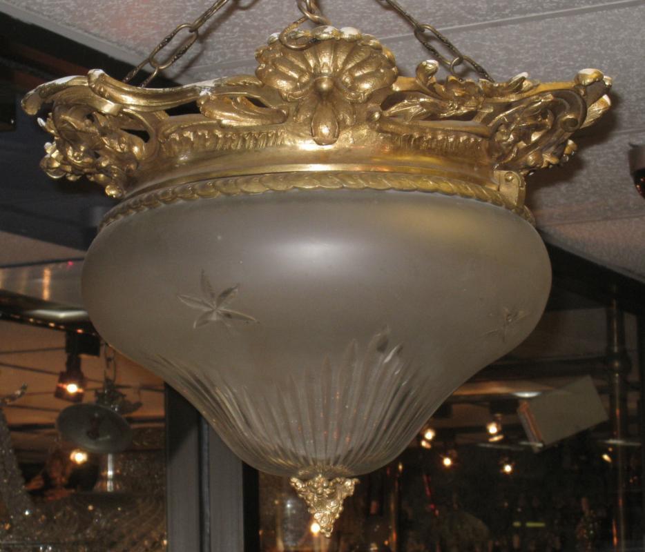 Louis XVI Gilt Bronze Ceiling Light Fixture with Etched Glass Dome For Sale