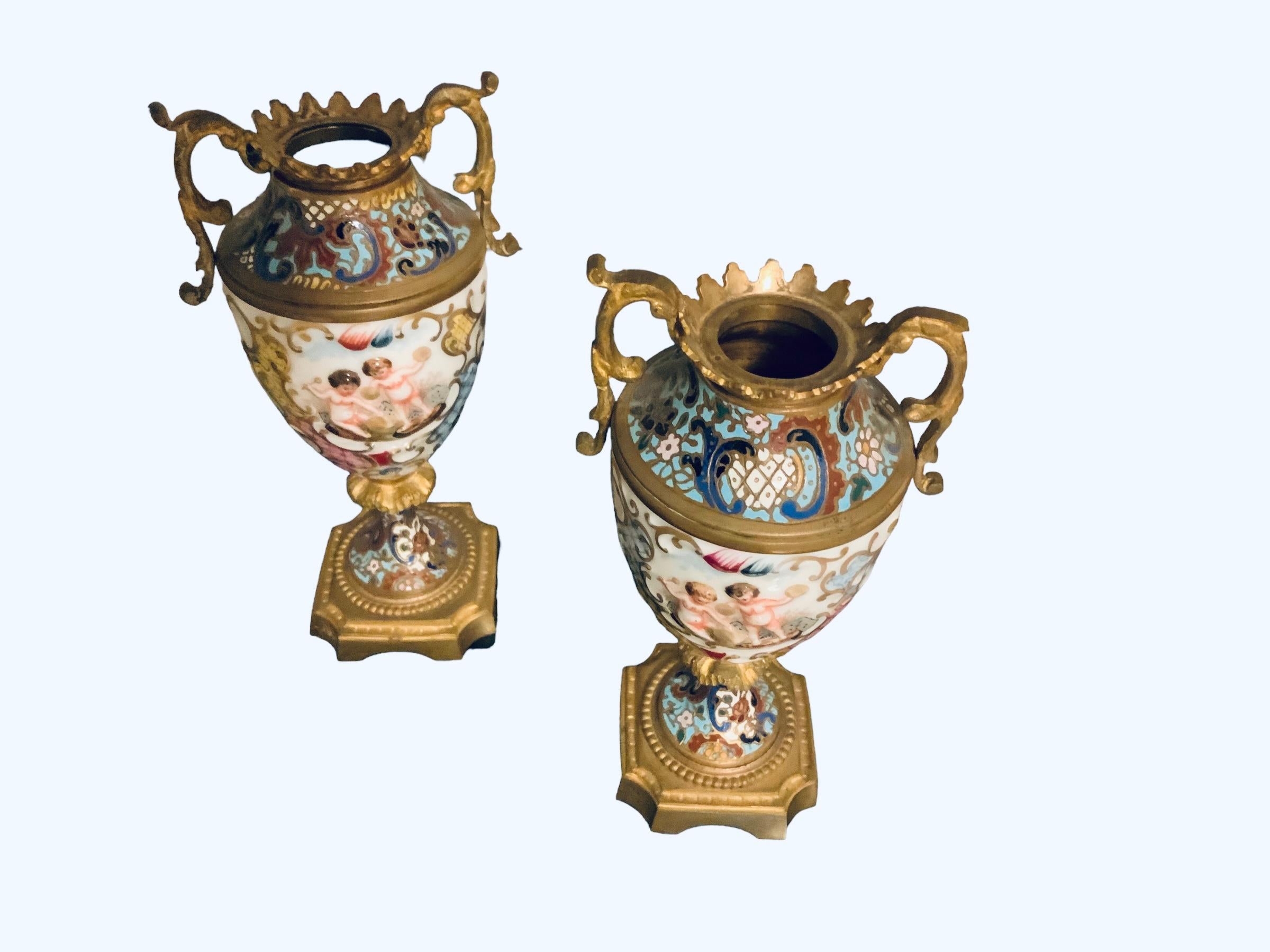 Renaissance Gilt Bronze Champleve and Capodimonte Porcelain Pair of Small Urns For Sale