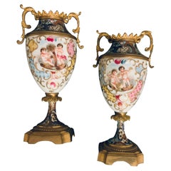 Gilt Bronze Champleve and Capodimonte Porcelain Pair of Small Urns