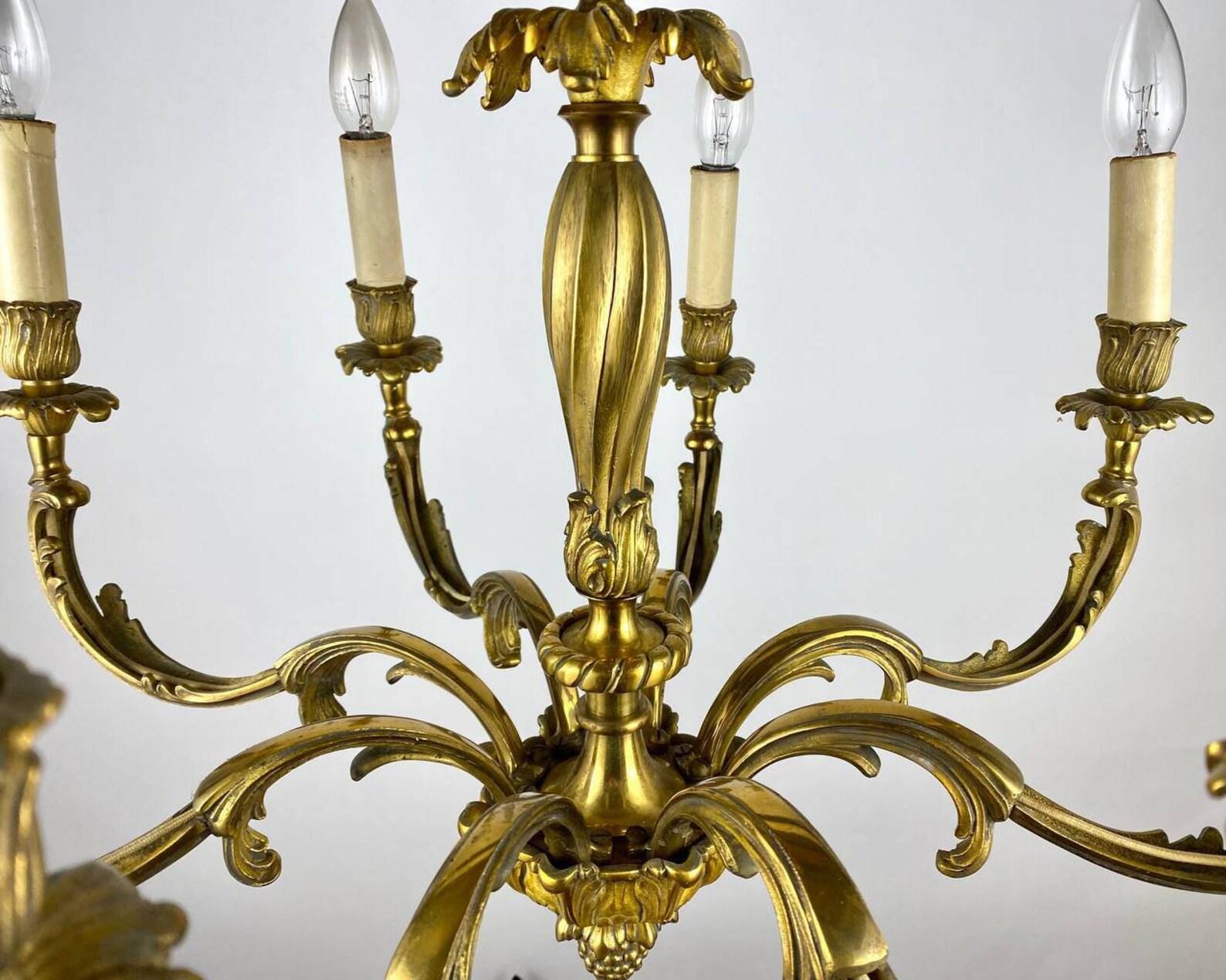 Empire Gilt Bronze Chandelier  Vintage 8-Horn Lighting, France, 20th Century For Sale