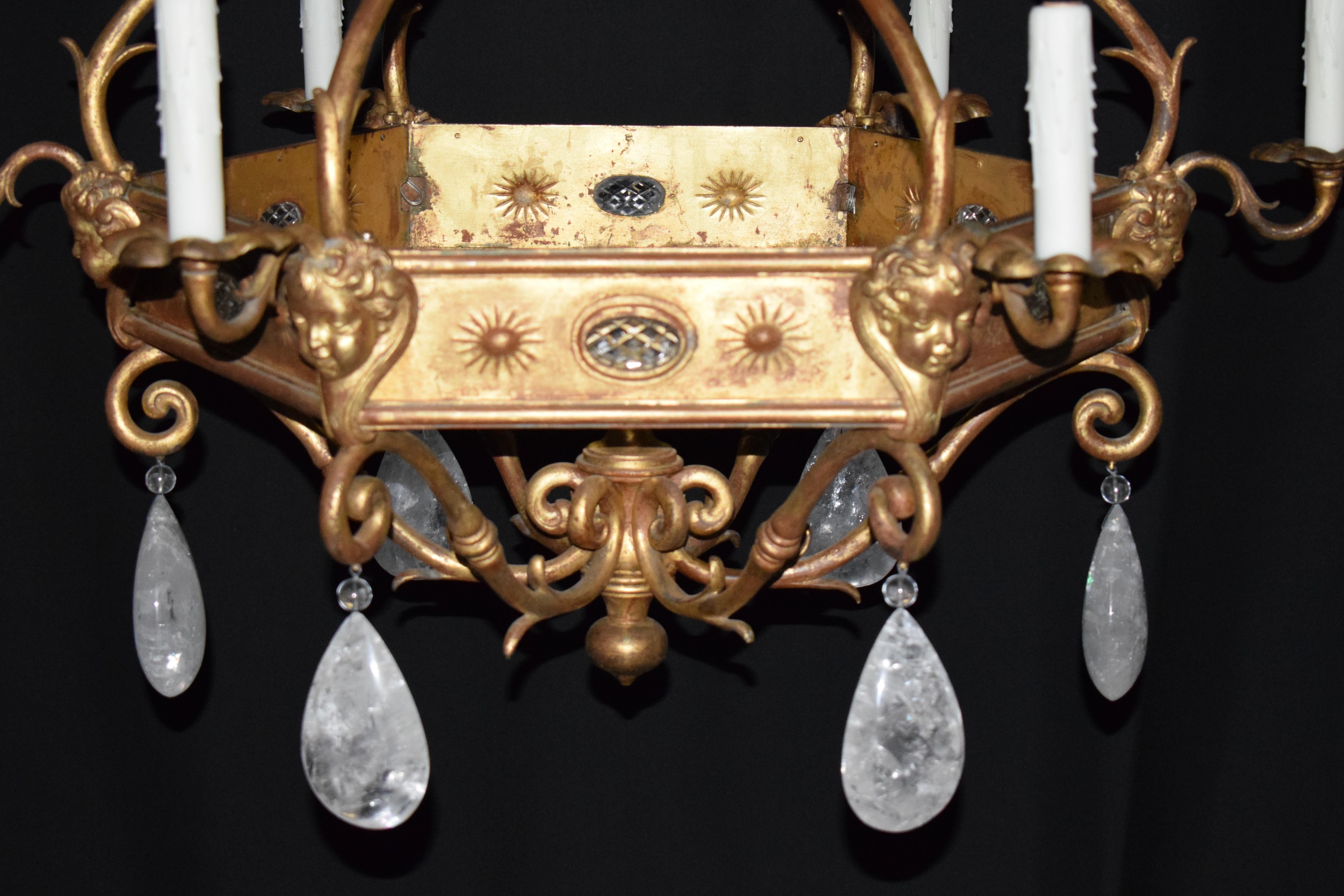 Gilt Bronze Chandelier with Rock Crystal Pendalogues For Sale 8
