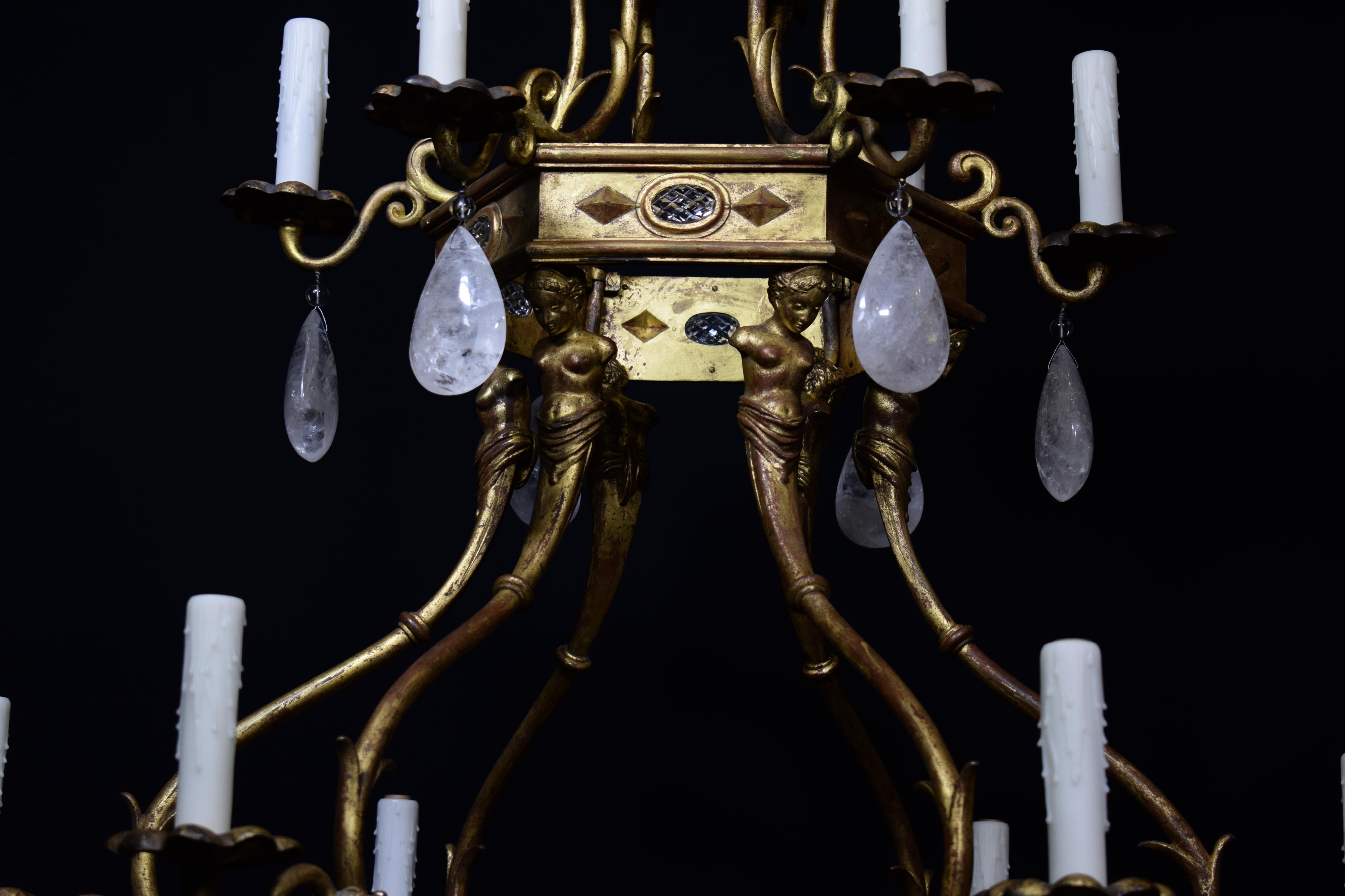 Gilt Bronze Chandelier with Rock Crystal Pendalogues For Sale 9