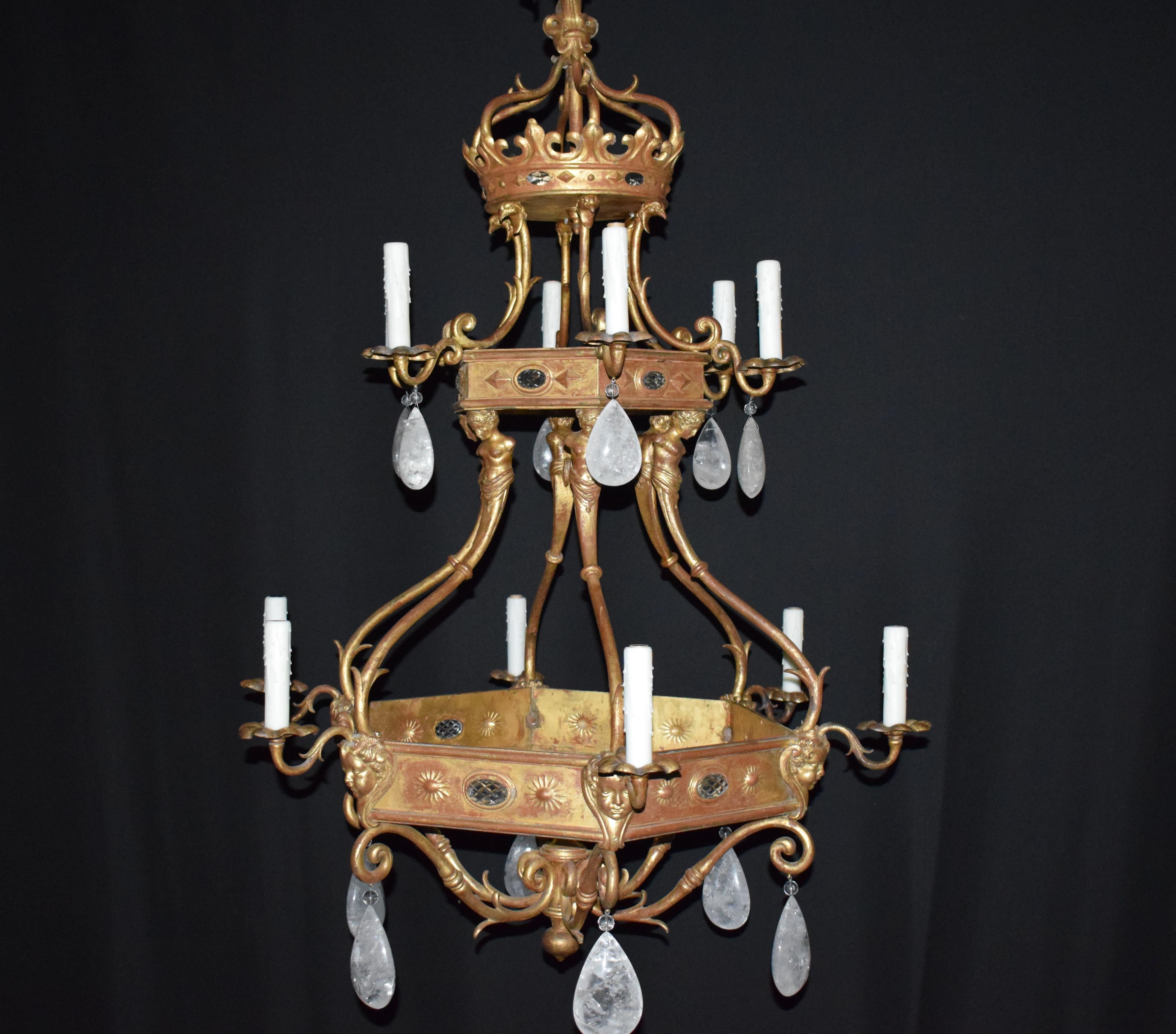 Gilt Bronze Chandelier with Rock Crystal Pendalogues In Good Condition For Sale In Atlanta, GA