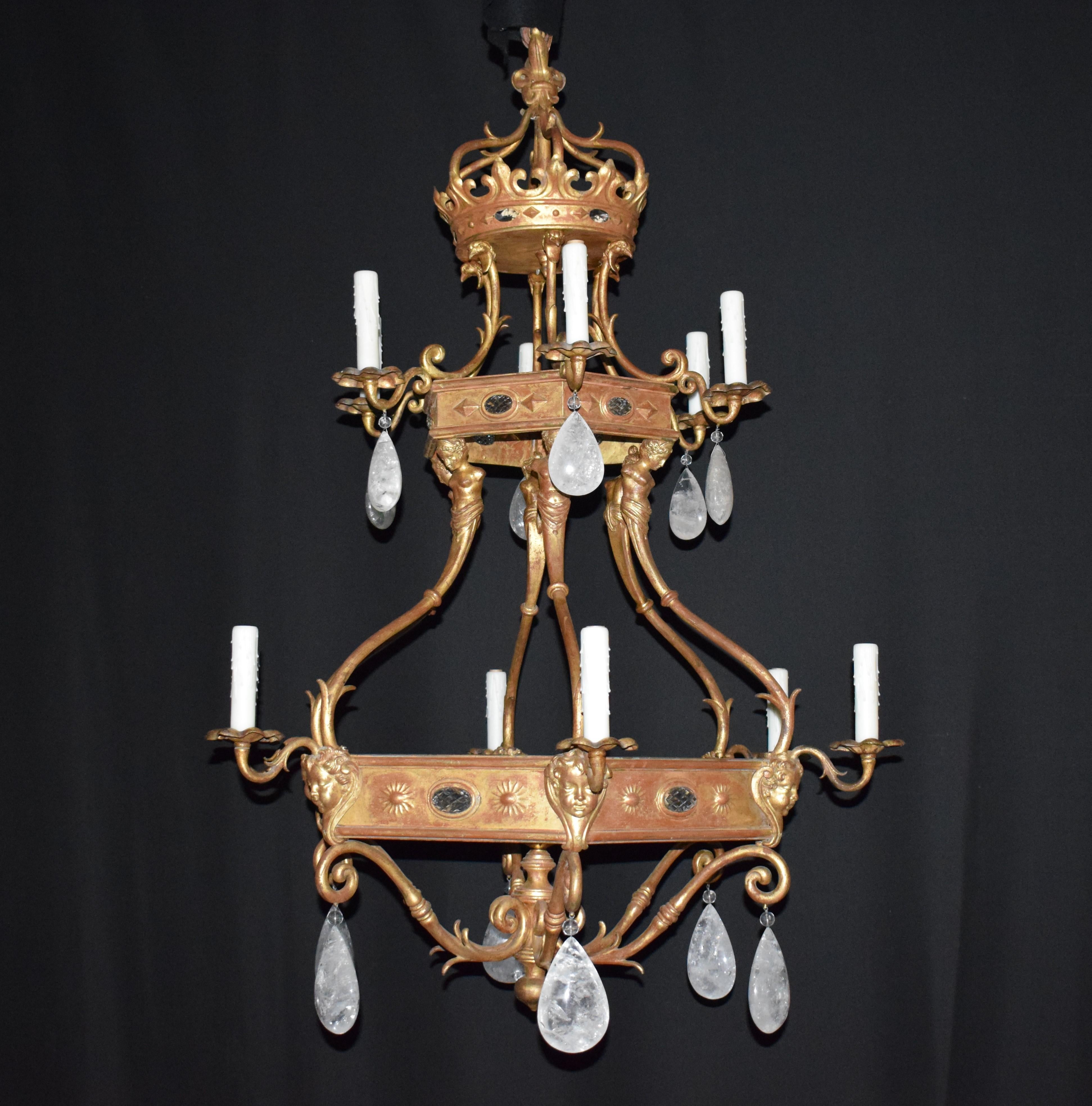 Early 20th Century Gilt Bronze Chandelier with Rock Crystal Pendalogues For Sale