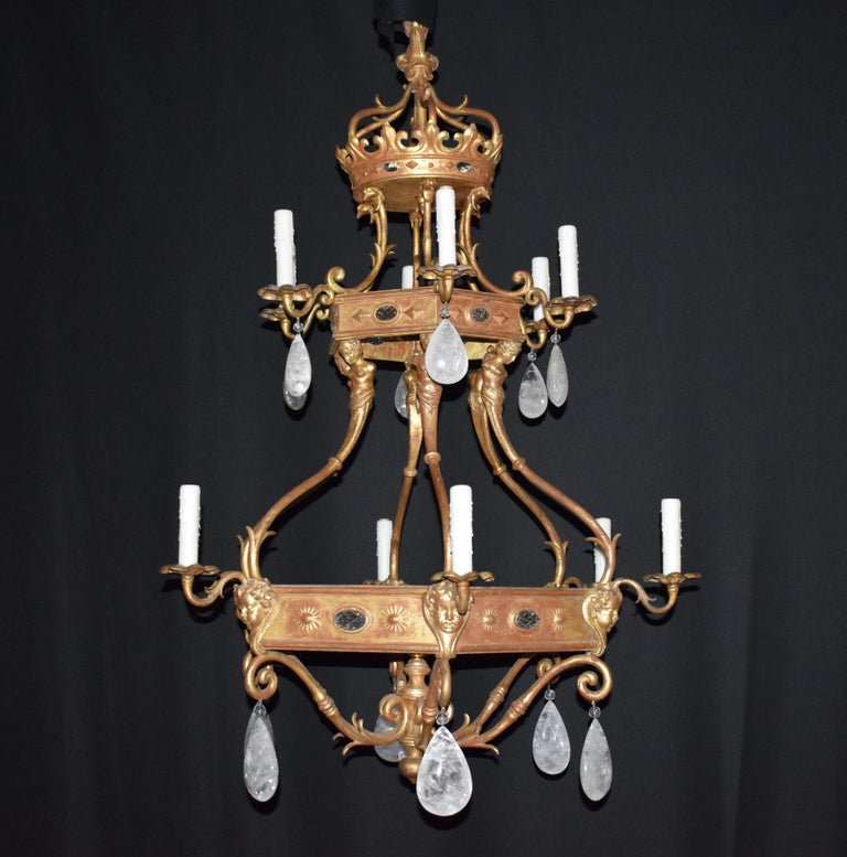 Gilt Bronze Chandelier with Rock Crystal Pendalogues For Sale at 1stDibs
