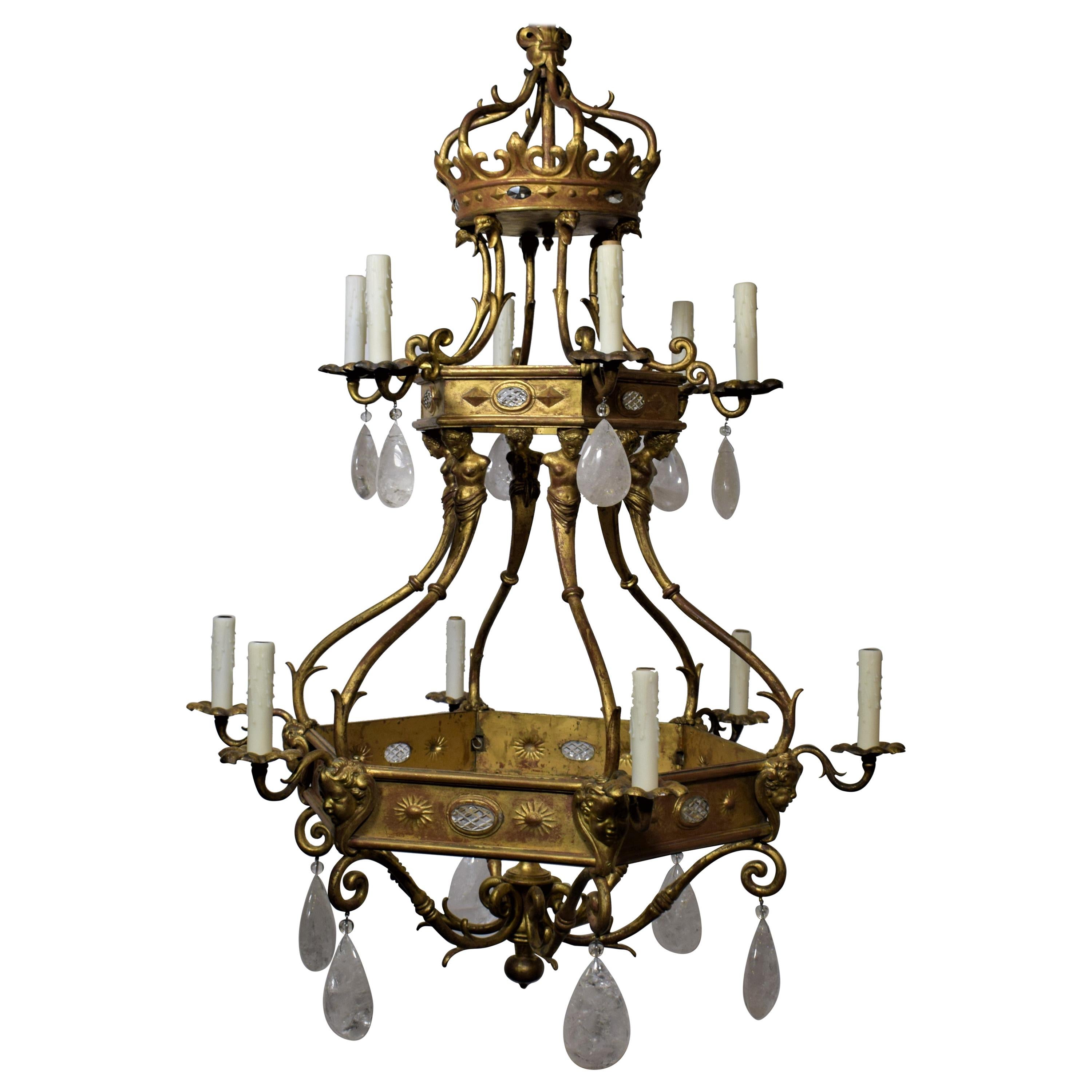 Gilt Bronze Chandelier with Rock Crystal Pendalogues