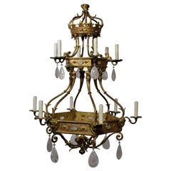 Antique Gilt Bronze Chandelier with Rock Crystal Pendalogues