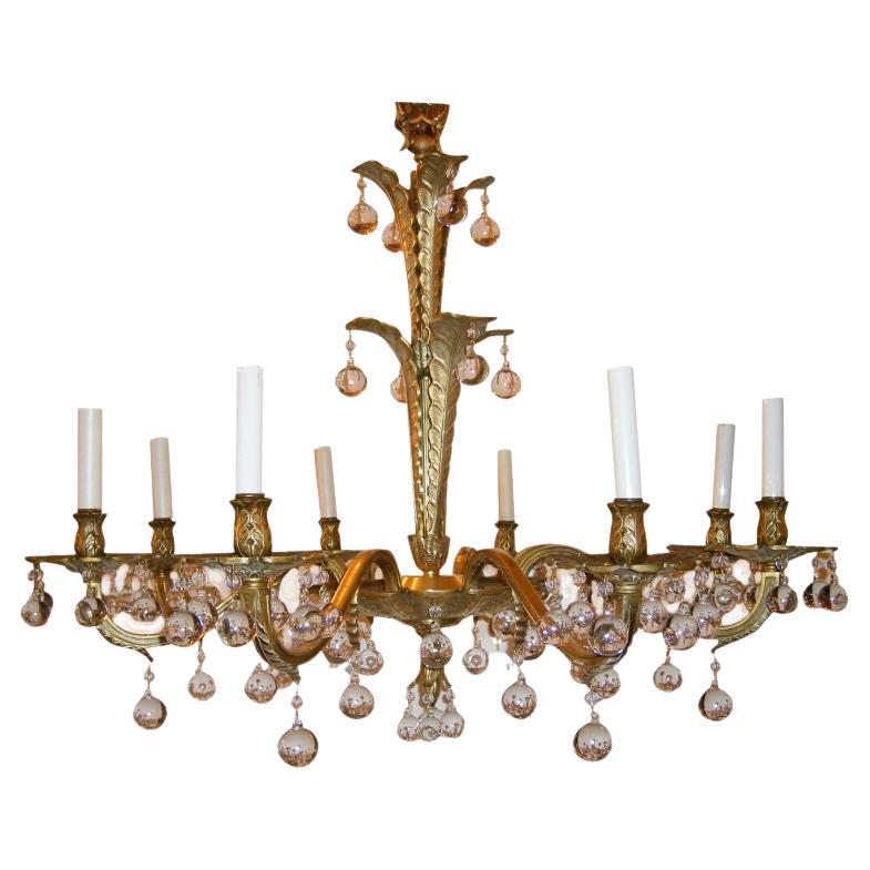 Lampadario in bronzo dorato con pendenti rotondi in vendita