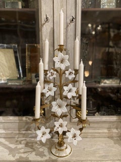 Gilt Bronze Church Candelabra, Opaque Flowers, Brass Ornamentation
