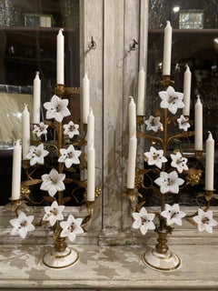 Gilt Bronze Church Candelabra, Opaque Flowers, Brass Ornamentation