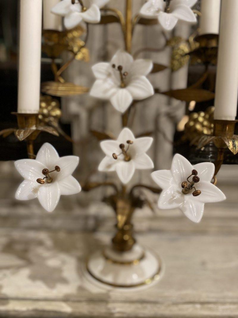 French Gilt Bronze Church Candelabra, Opaque Flowers, Brass Ornamentation