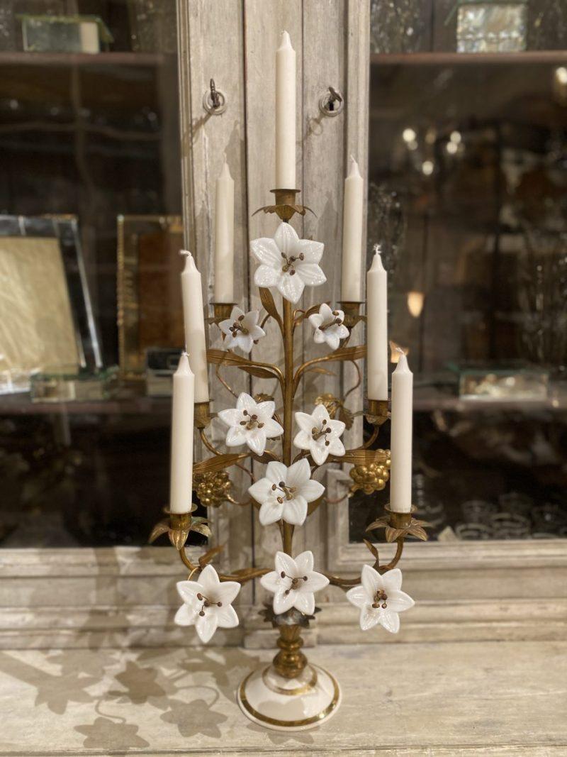 French Gilt Bronze Church Candelabra, Opaque Flowers, Brass Ornamentation