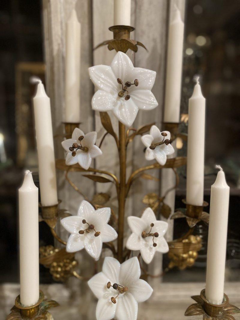 19th Century Gilt Bronze Church Candelabra, Opaque Flowers, Brass Ornamentation