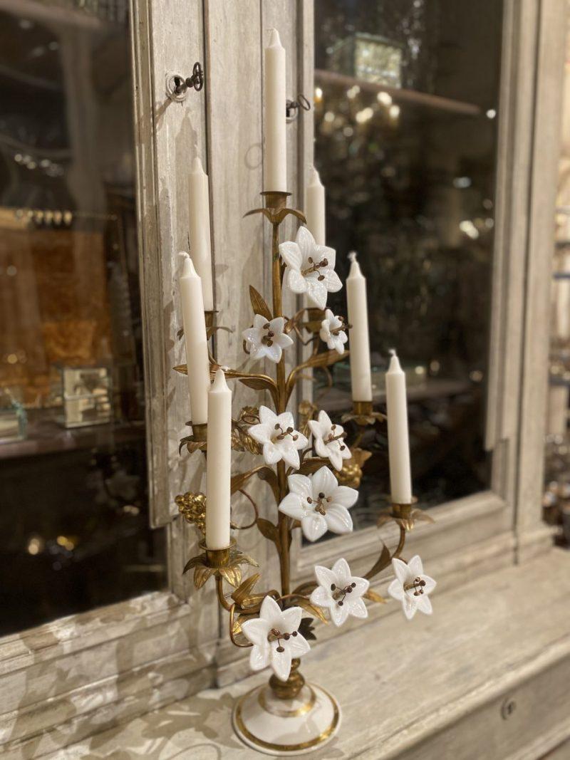 Gilt Bronze Church Candelabra, Opaque Flowers, Brass Ornamentation 1