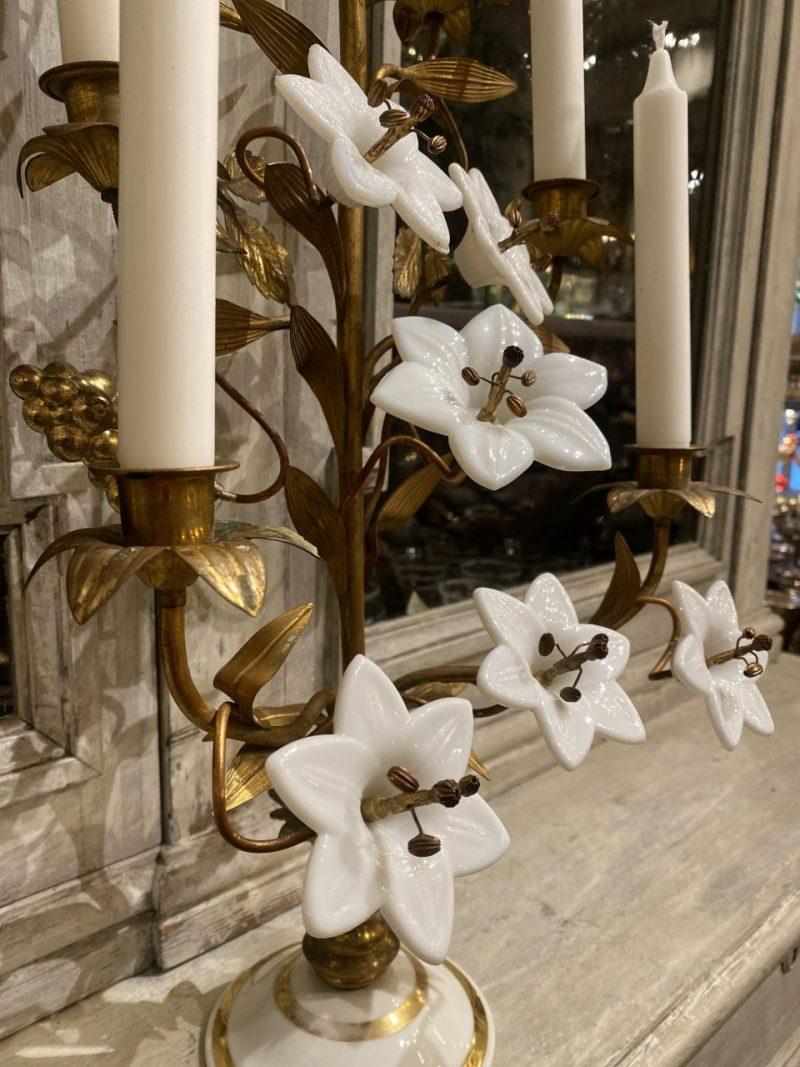 Gilt Bronze Church Candelabra, Opaque Flowers, Brass Ornamentation 2