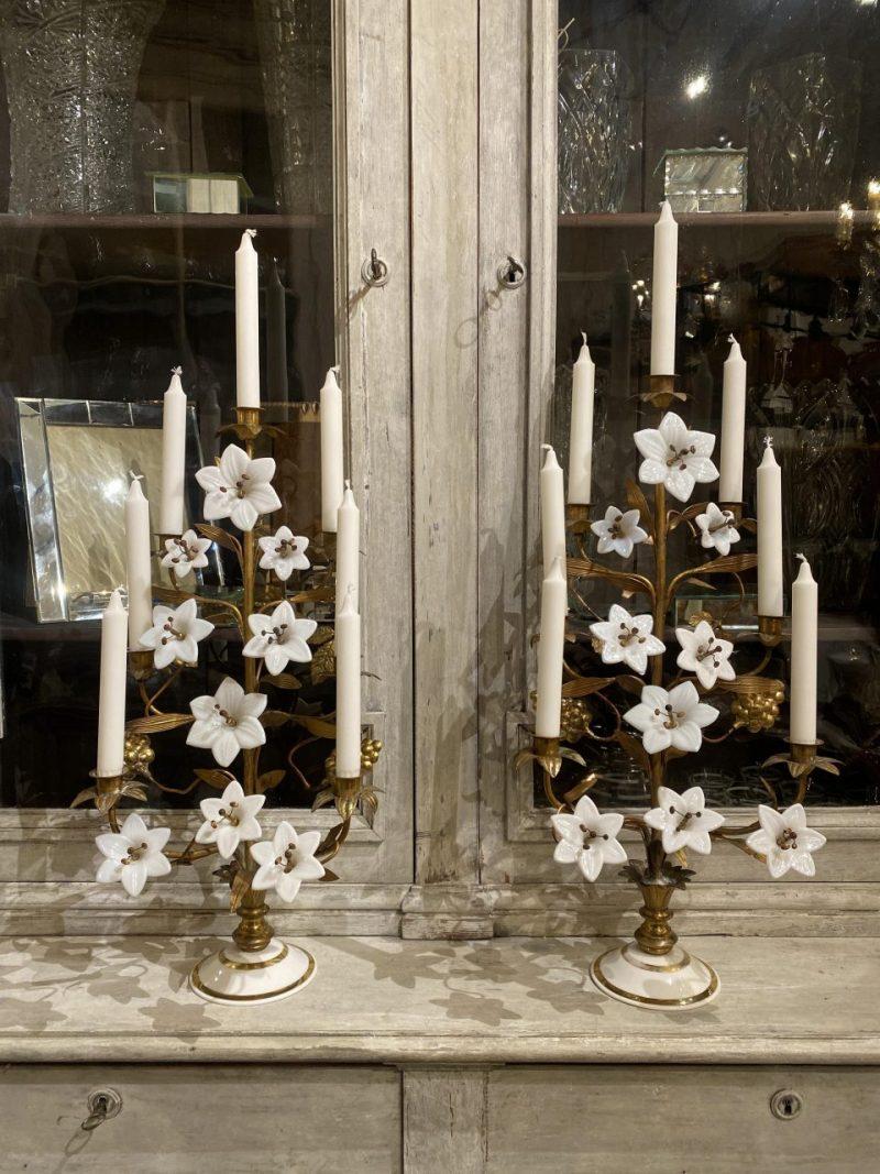 Gilt Bronze Church Candelabra, Opaque Flowers, Brass Ornamentation 3