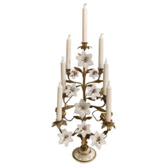 Gilt Bronze Church Candelabra, Opaque Flowers, Brass Ornamentation