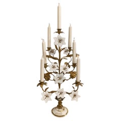 Gilt Bronze Church Candelabra, Opaque Flowers, Brass Ornamentation