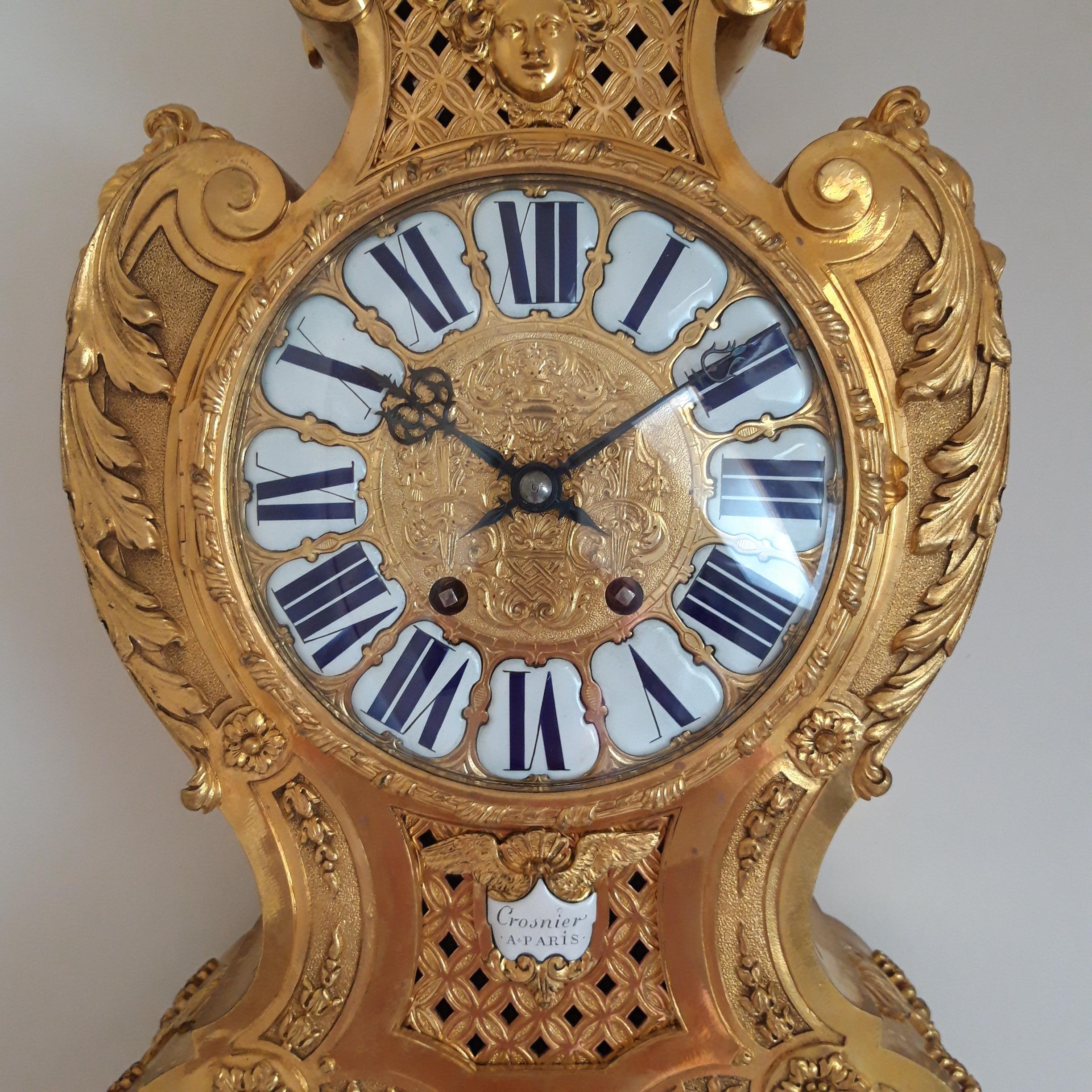Large gilt bronze clock by Crosnier Paris.
France, 19th century. Movement by Lefebvre.
Including winding key.