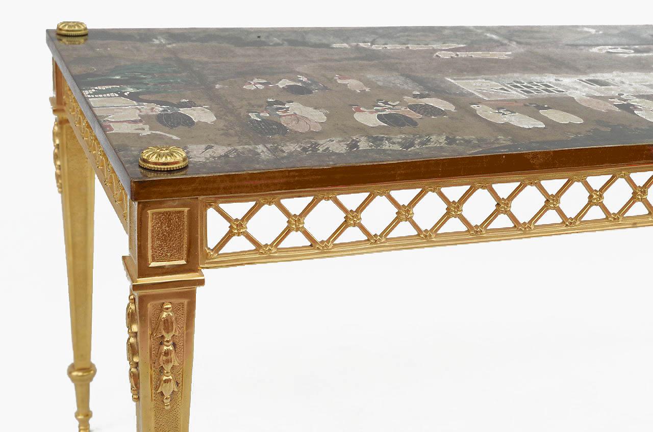 European Gilt Bronze Coffee Table and Chinese Style Wallpaper Top, circa 1970