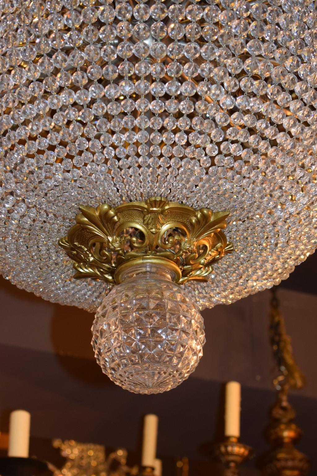 Early 20th Century Gilt Bronze and Crystal Basket Chandelier For Sale