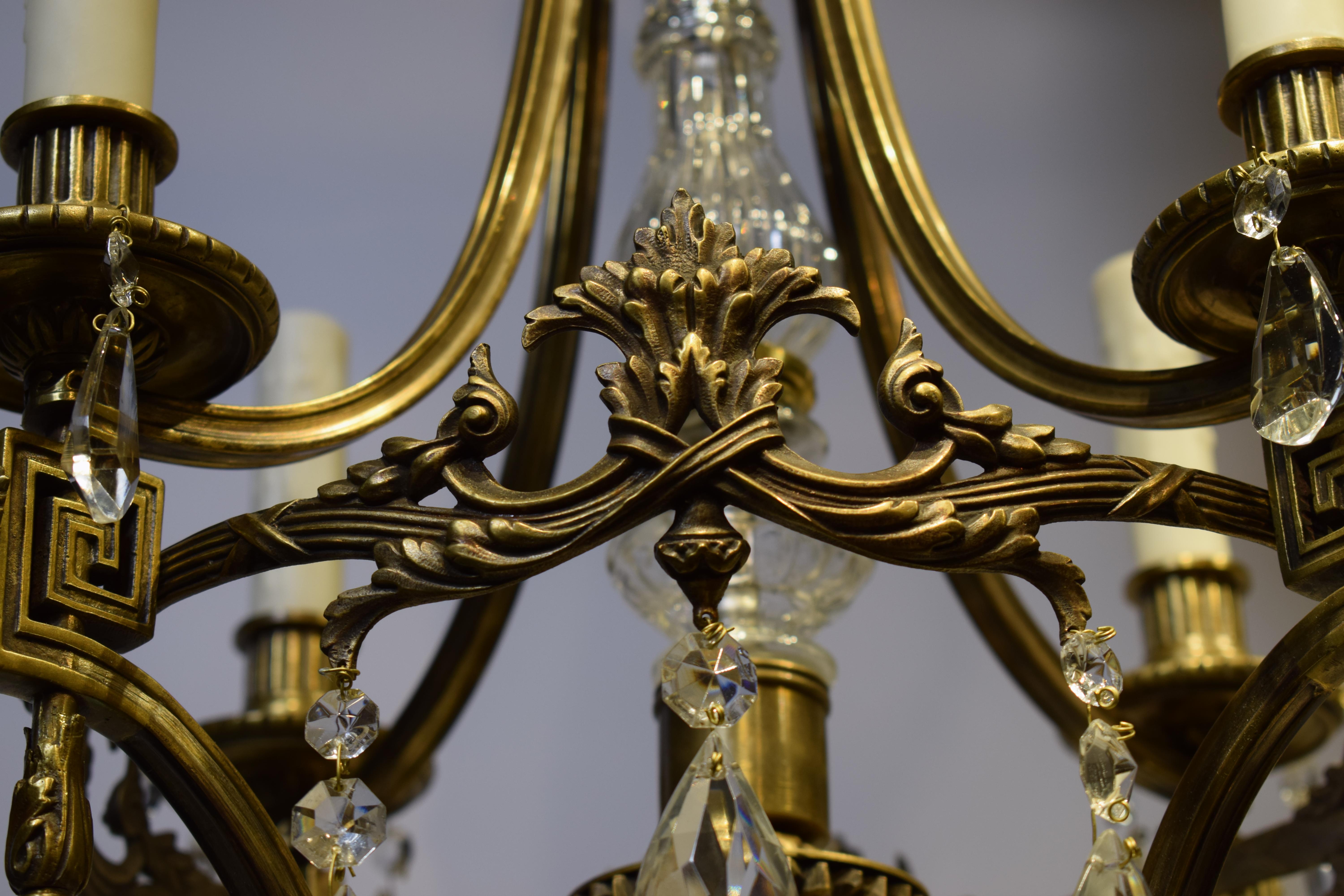 Mid-20th Century Gilt Bronze & Crystal Chandelier For Sale
