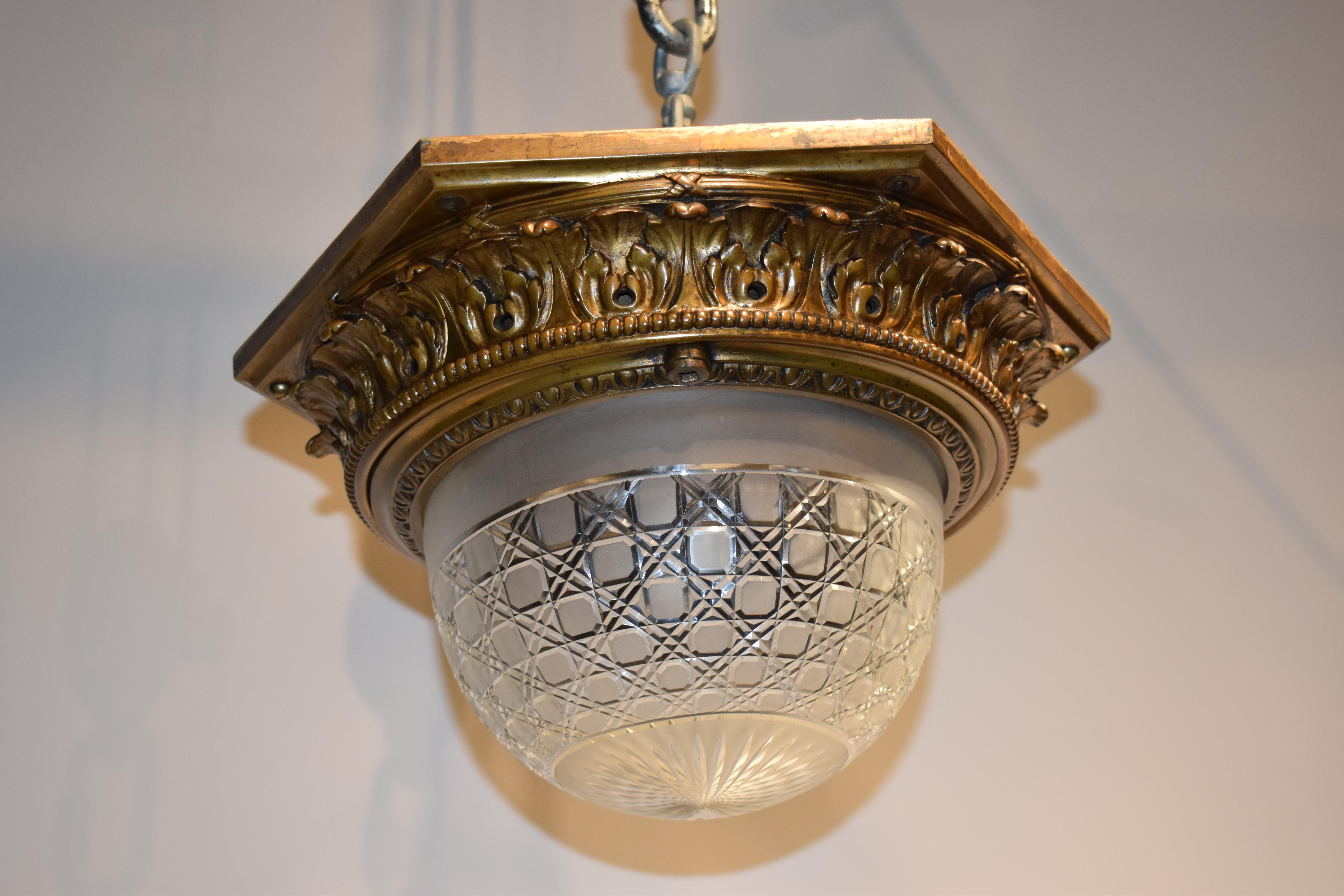 A Very Fine Gilt Bronze Hexagonal crown featuring original hand cut partially frosted dome. France, circa 1900. 3 lights. 
Height  10 1/2