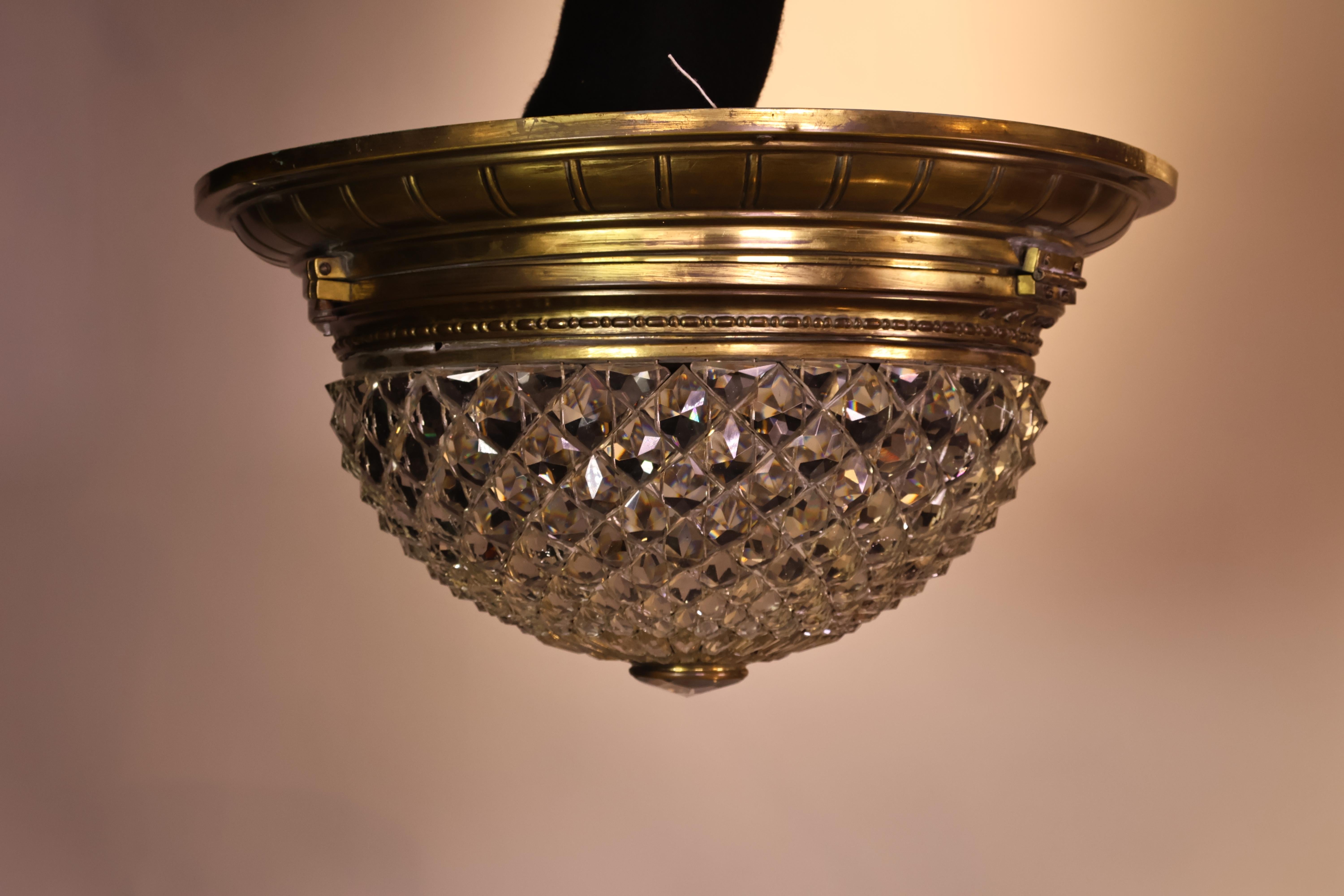 Gilt Bronze & Cut Crystal Pendant/Plafonnier In Good Condition For Sale In Atlanta, GA