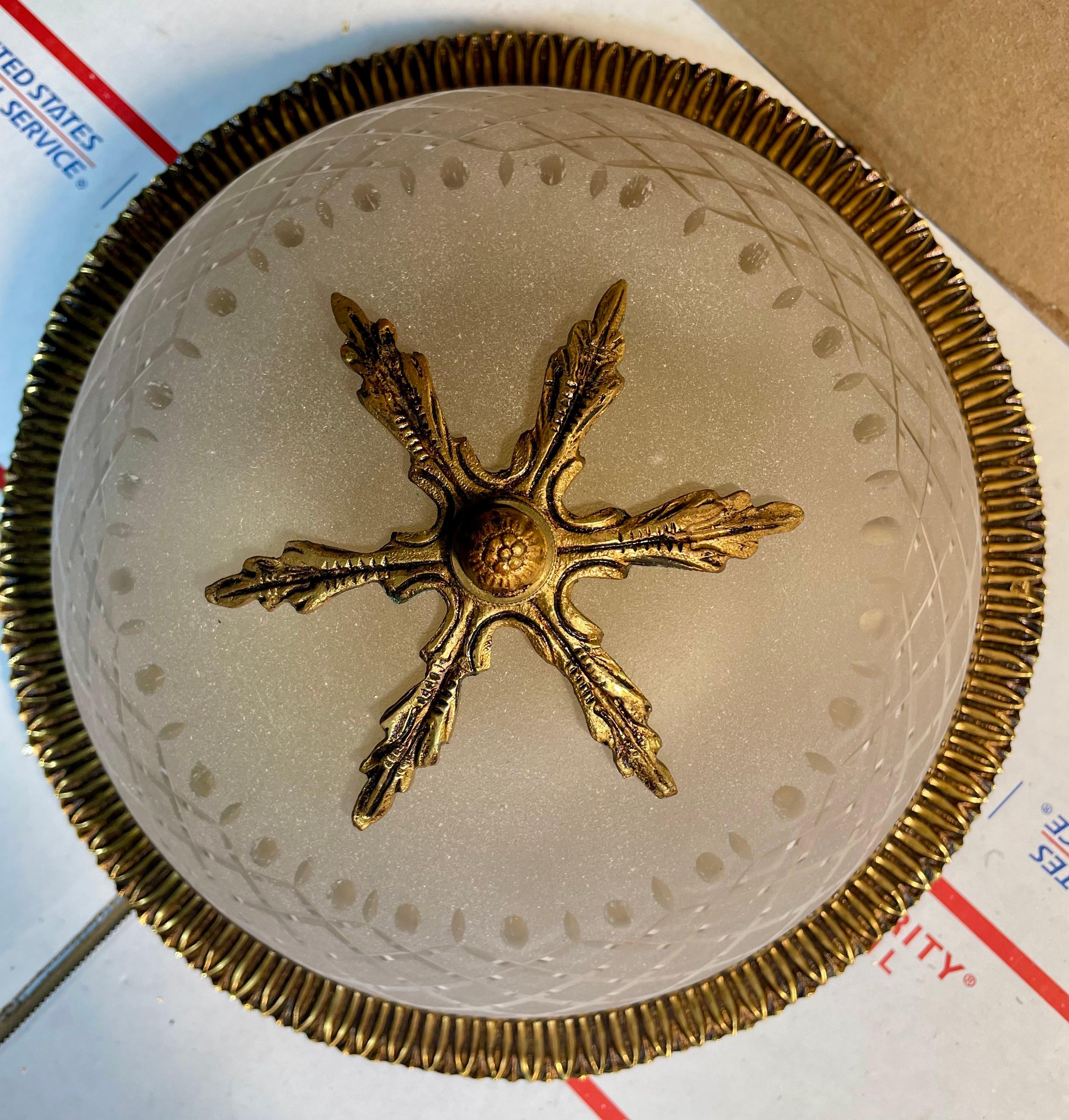  Gilt Bronze & Cut Frosted Glass Flush Mount Chandelier with two medium base sockets. 12.5