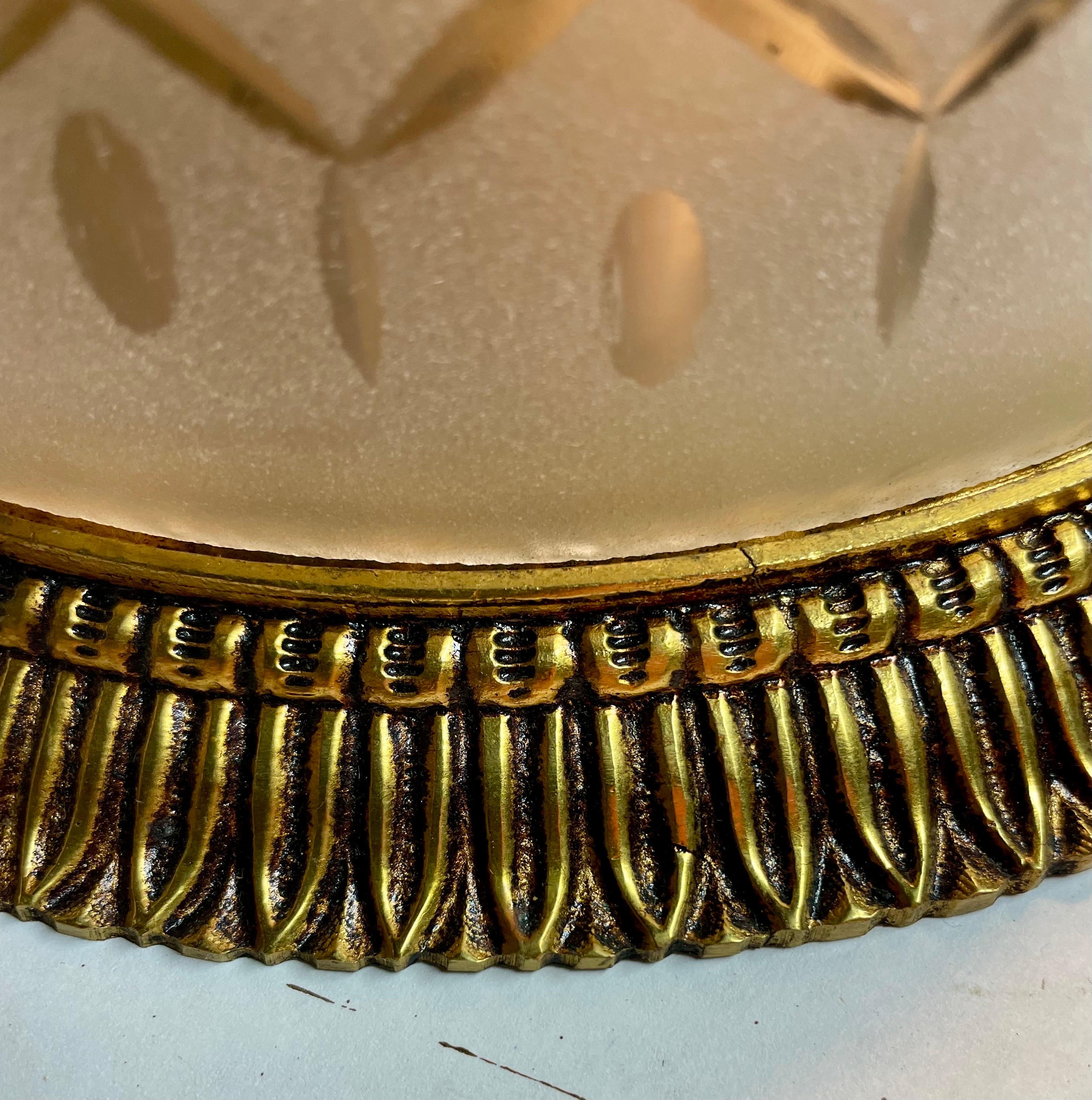 Hollywood Regency Gilt Bronze & Cut Glass Flush Mount Chandelier For Sale
