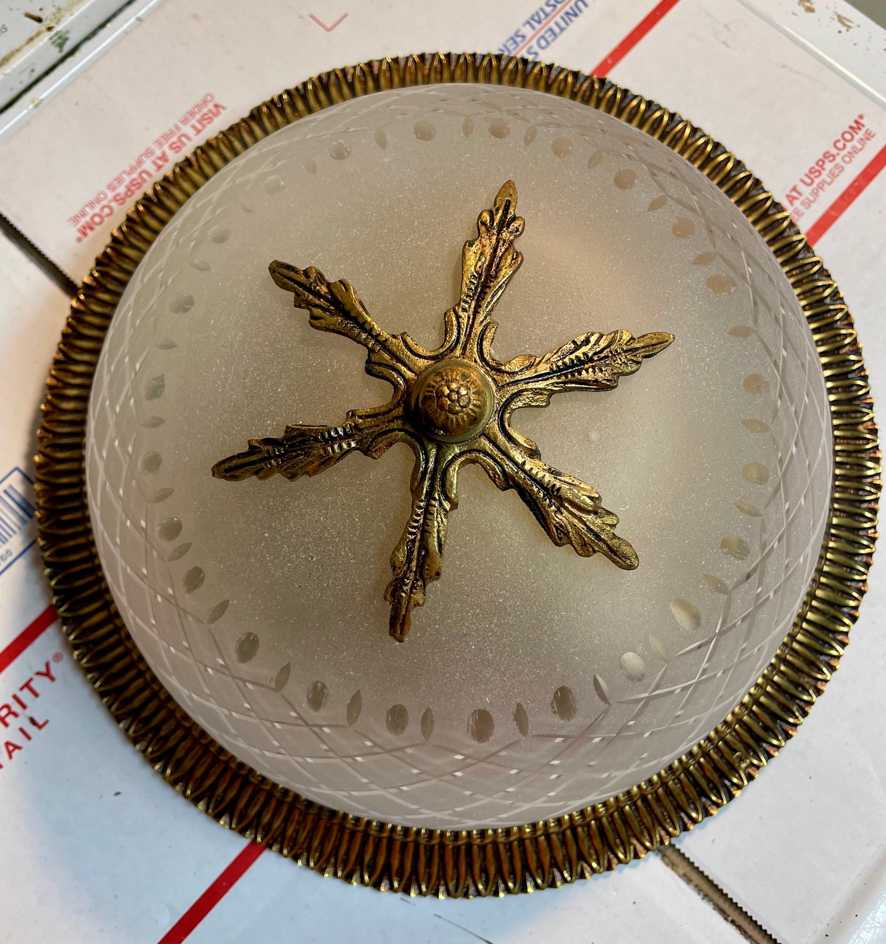 Spanish Gilt Bronze & Cut Glass Flush Mount Chandelier For Sale