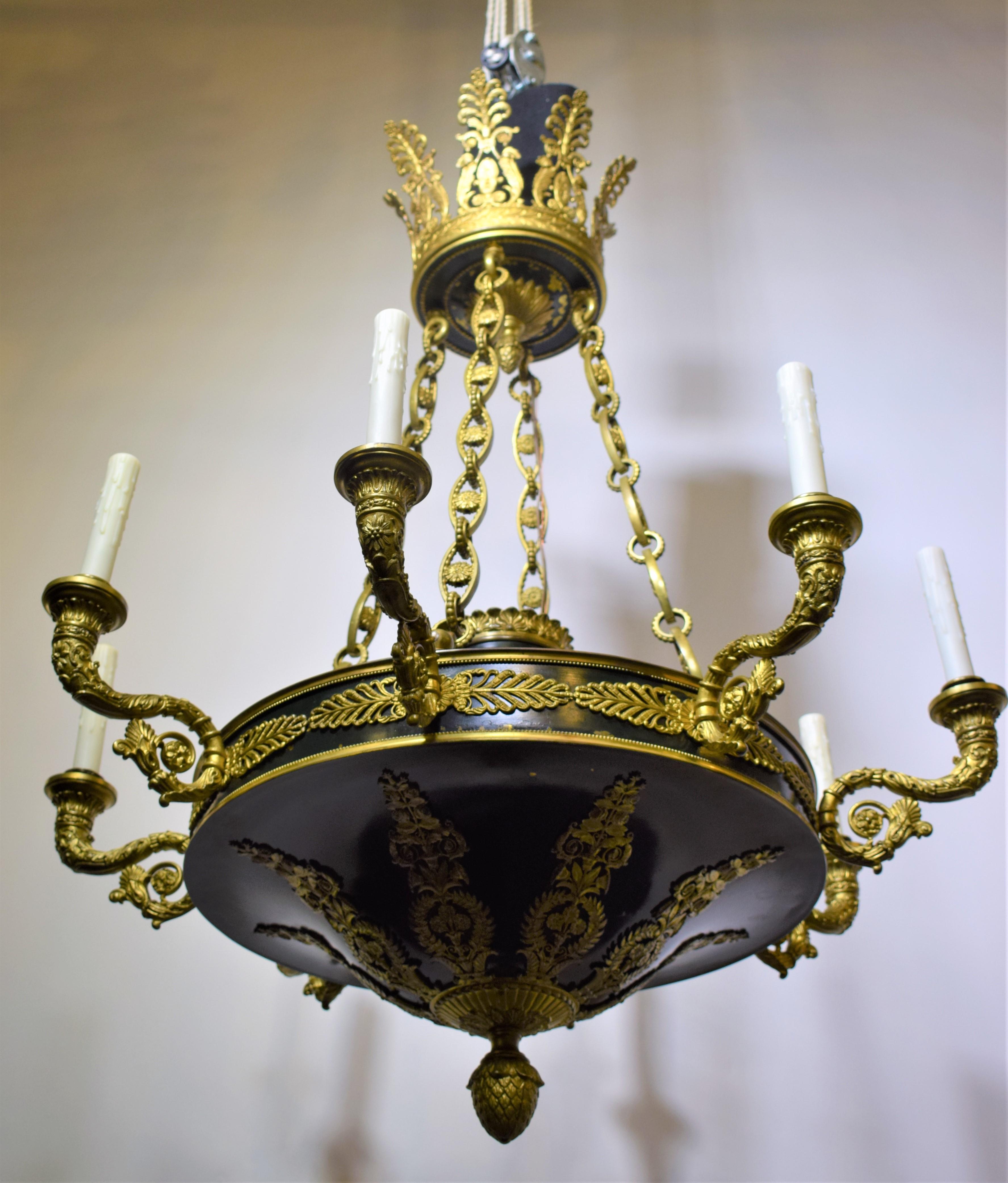 A very important Empire style chandelier. Gilt bronze & patinated bronze. Exquisite Detail. Unusually large size. France, circa 1920.
Measures: Height 48