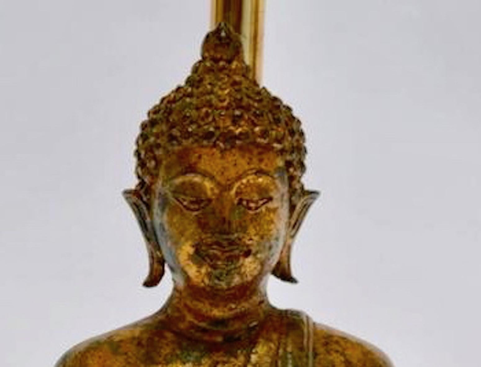 Cambodian Gilt Bronze Figural Asian Buddha Lamp For Sale