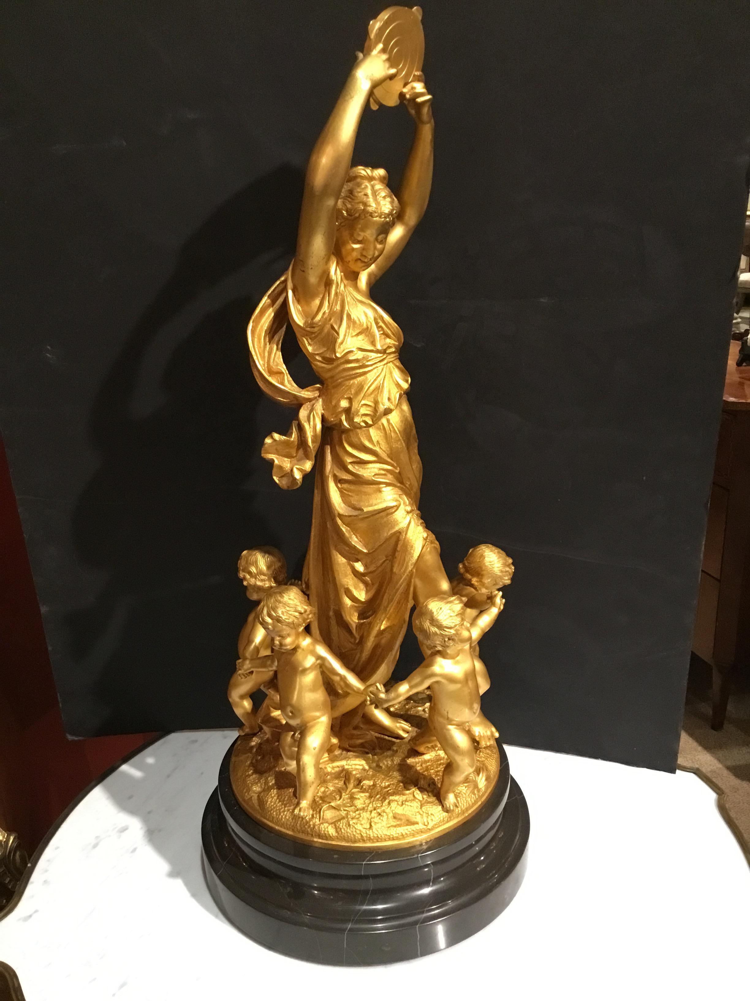 French Gilt Bronze Figural Group of Baccahanalia on Black Marble Plinth
