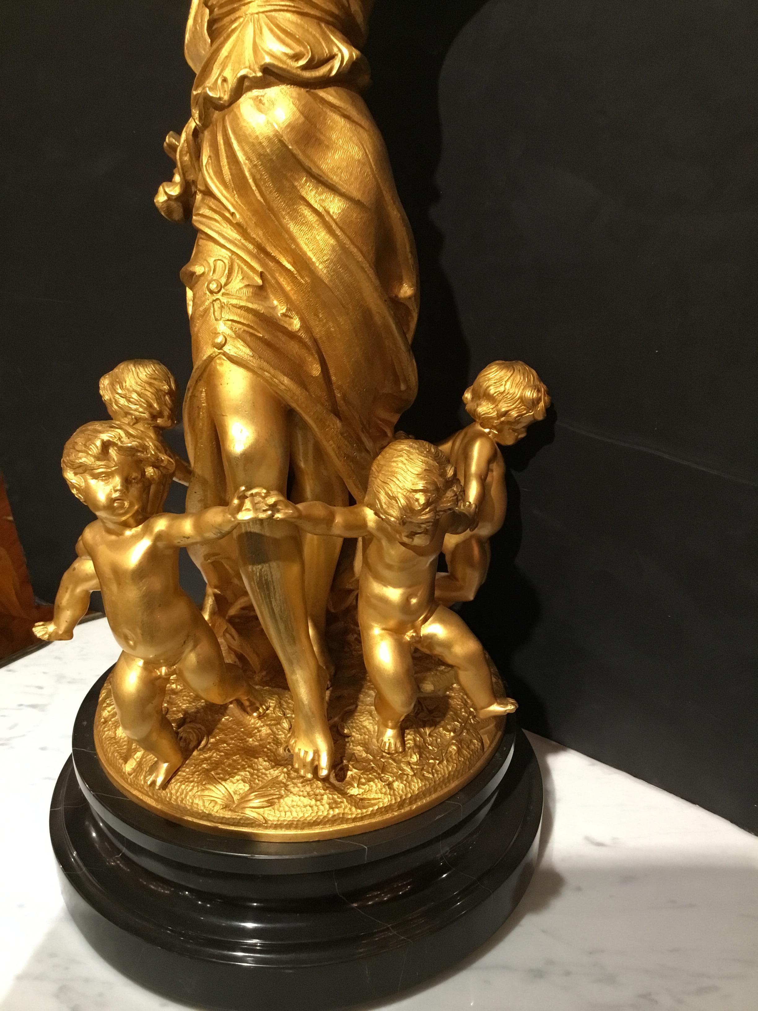 Gilt Bronze Figural Group of Baccahanalia on Black Marble Plinth In Good Condition In Houston, TX