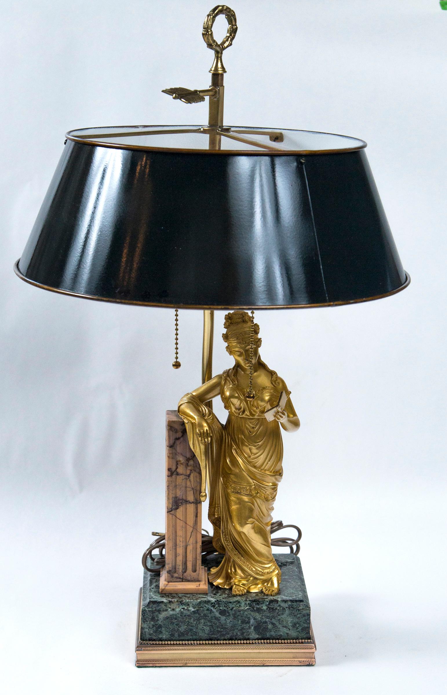 Gilt edged green marble base. She holds an open book in her left hand while her right elbow rests atop a square fluted column. She wear a floor length gown of the late 18th century. Her hair atop her head in the style of the day. The figure itself