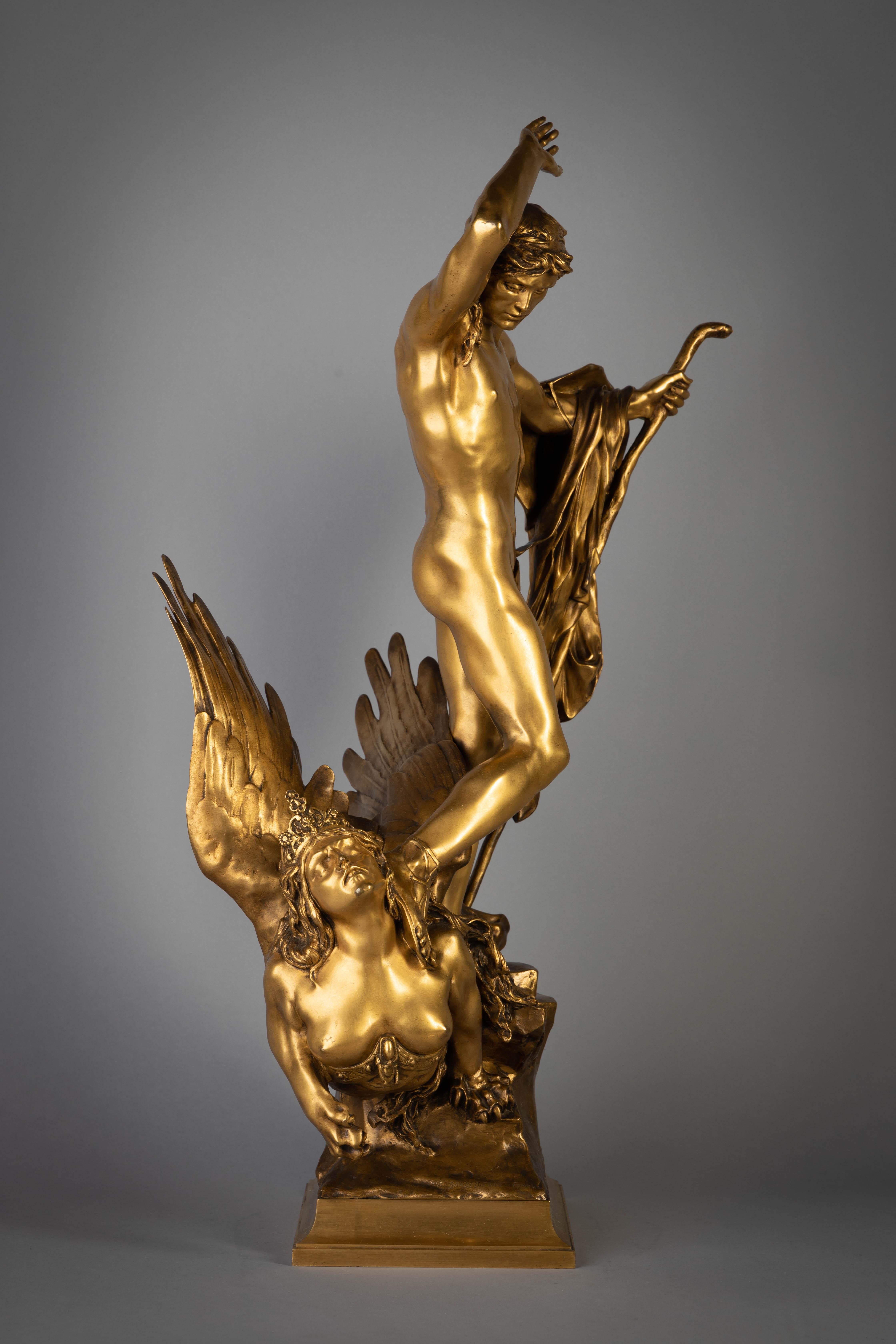 Another cast without gilt is in the Musee D'orsay. The work was also edited in Biscuit by Sevres. Sicard studied under Barrias and Felix Laurent. He won Prix de Rome in 1891 and a Gold Medal at Exposition Universelle in 1900. Signed and stamped F.
