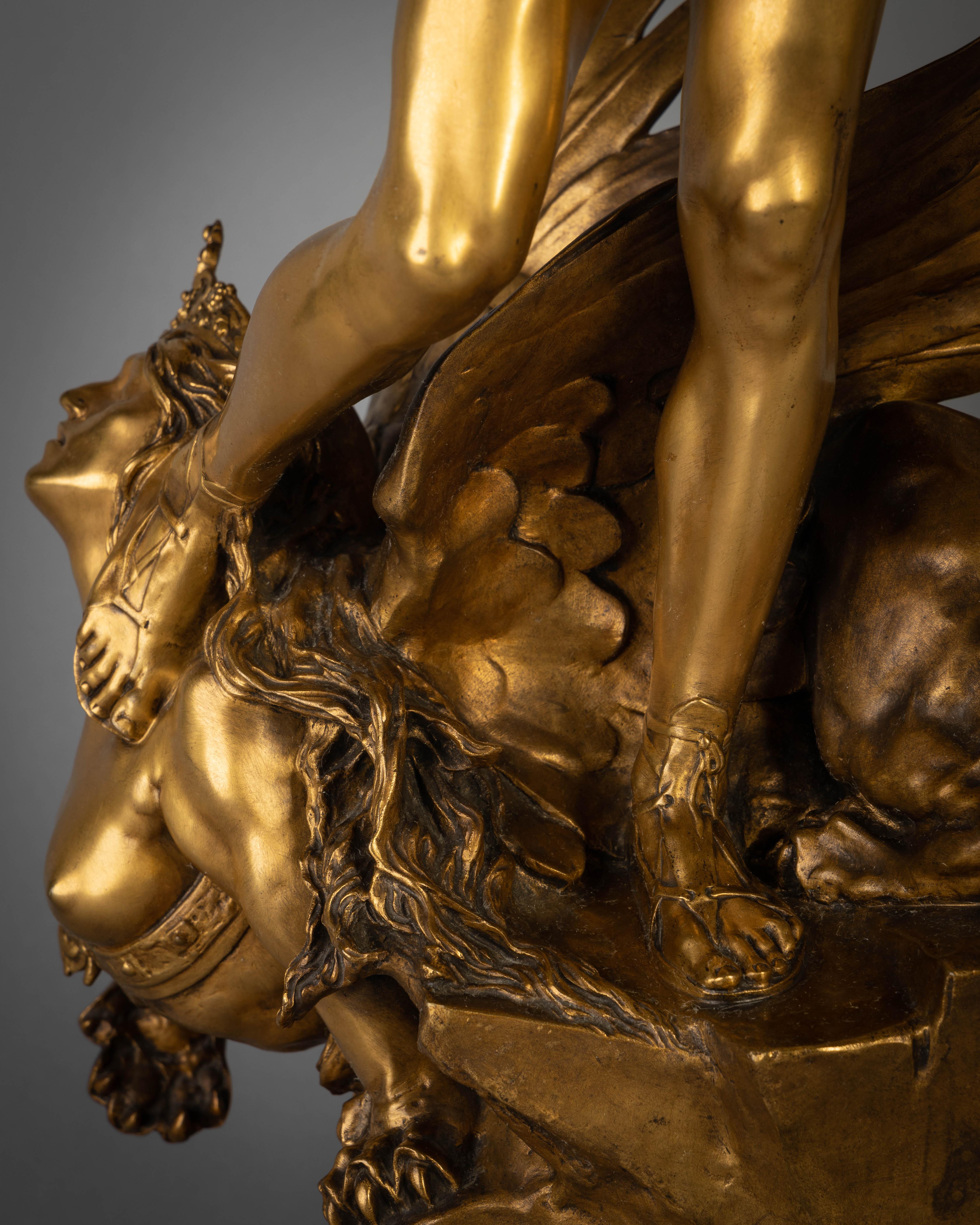 Gilt Bronze Figure of Oedipus and The Sphinx, by Francois Leon Sicard, 1862-1934 In Good Condition For Sale In New York, NY