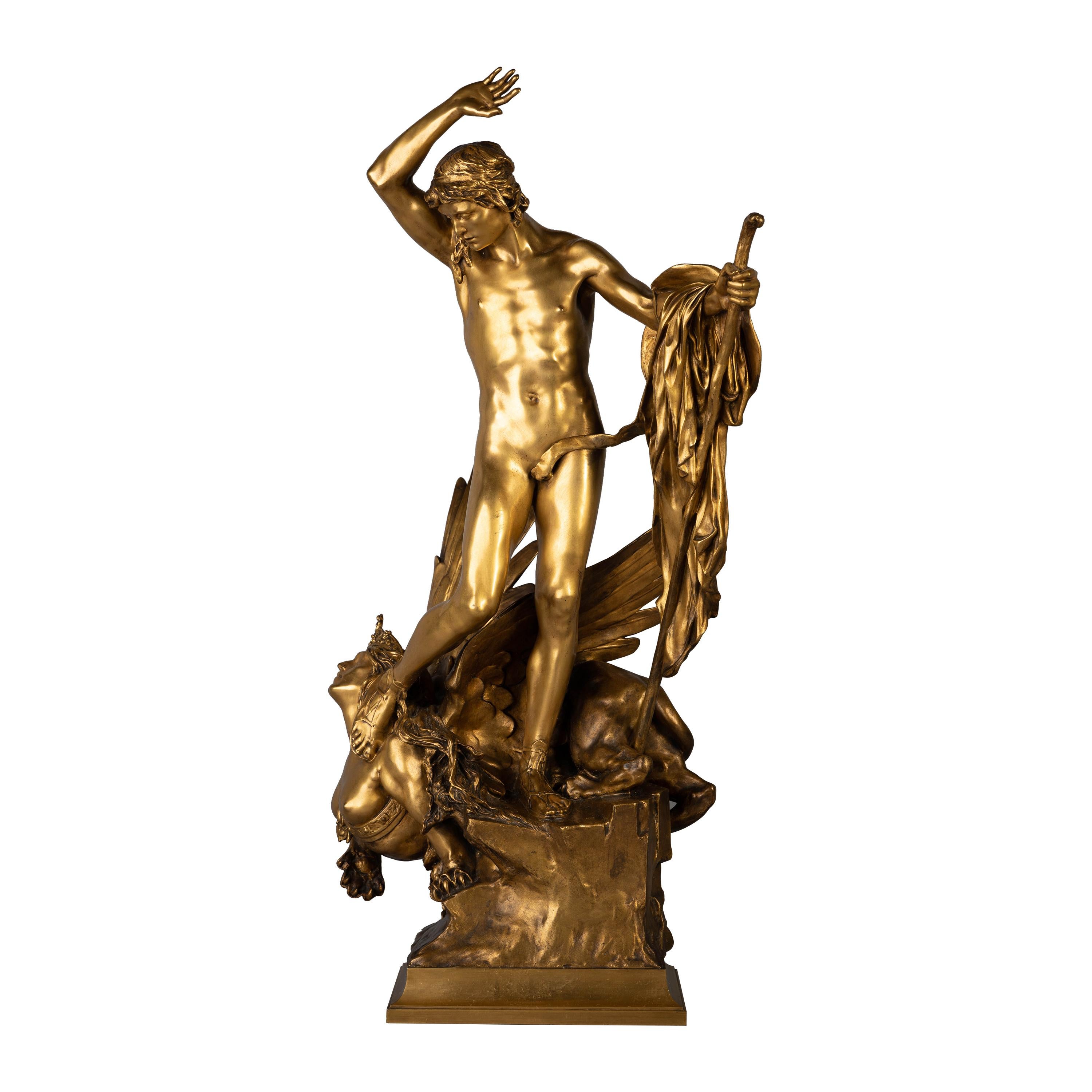 Gilt Bronze Figure of Oedipus and The Sphinx, by Francois Leon Sicard, 1862-1934 For Sale